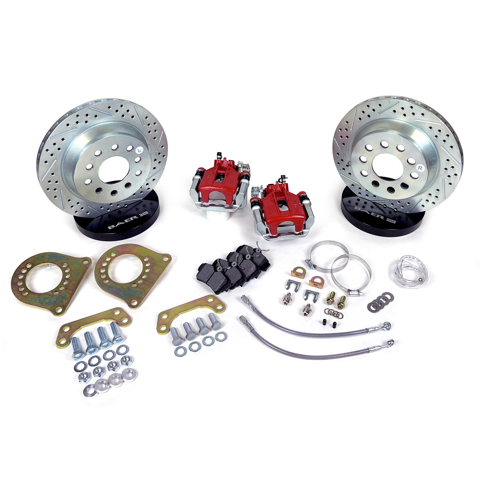 Baer Brakes Classic Disc Brake Kits 4302577R Kit, Rear, Dual 5 x 5 in./5 x 5.50 in. Bolt Pattern, 1-Piston Calipers, Cross-Drilled/Slotted, Vented, Red Calipers, Kit