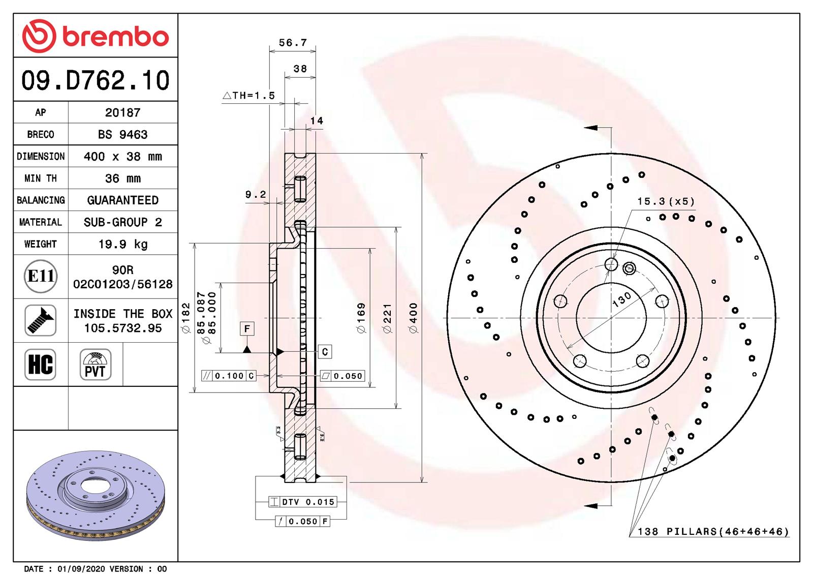 Brembo 09.D762.10 Brembo Prime UV Coated Brake Rotors | Summit Racing