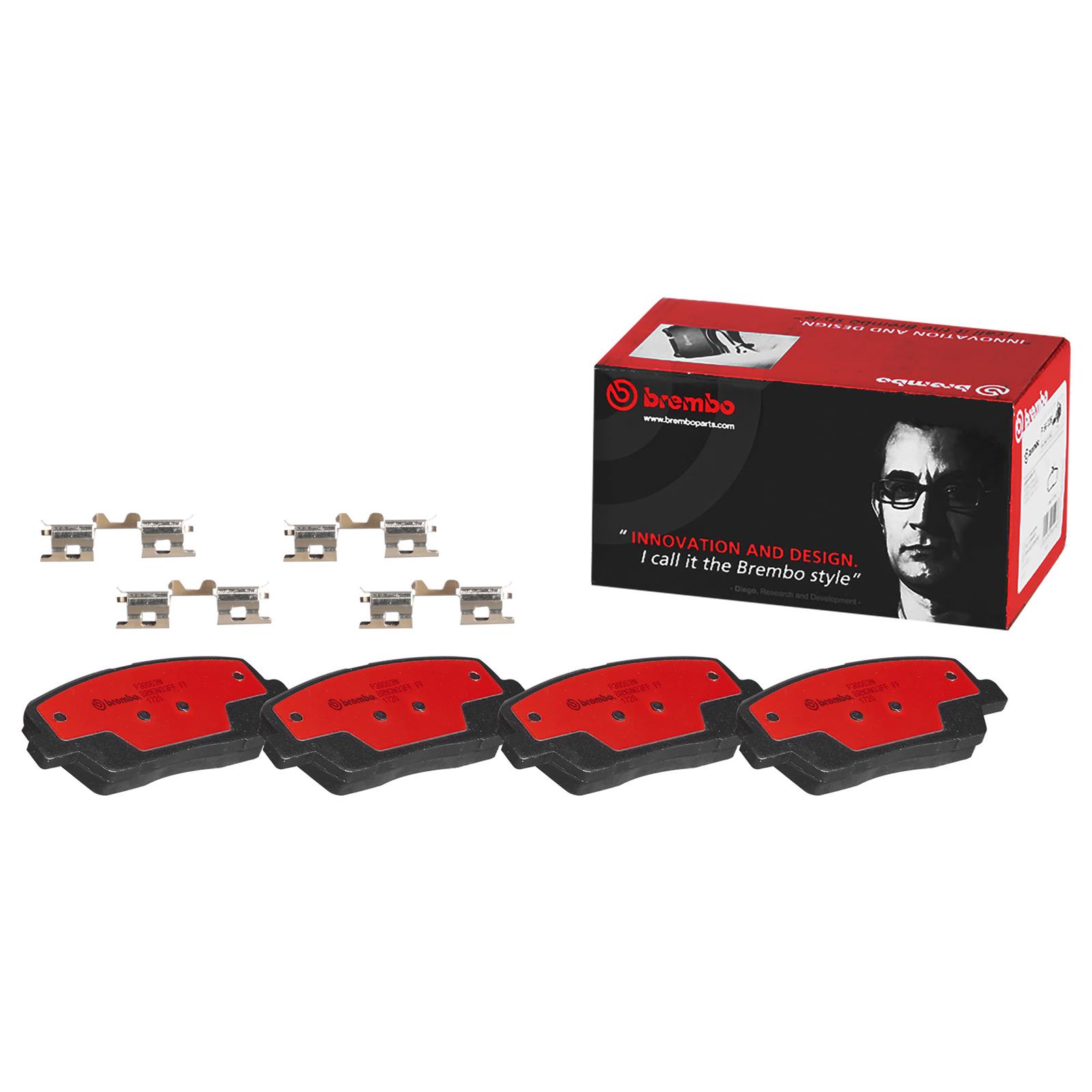 Brembo NAO Ceramic Brake Pads P30063N Pads, Brembo, Ceramic, Integrally Molded, Shims, with Hardware, Genesis, Set