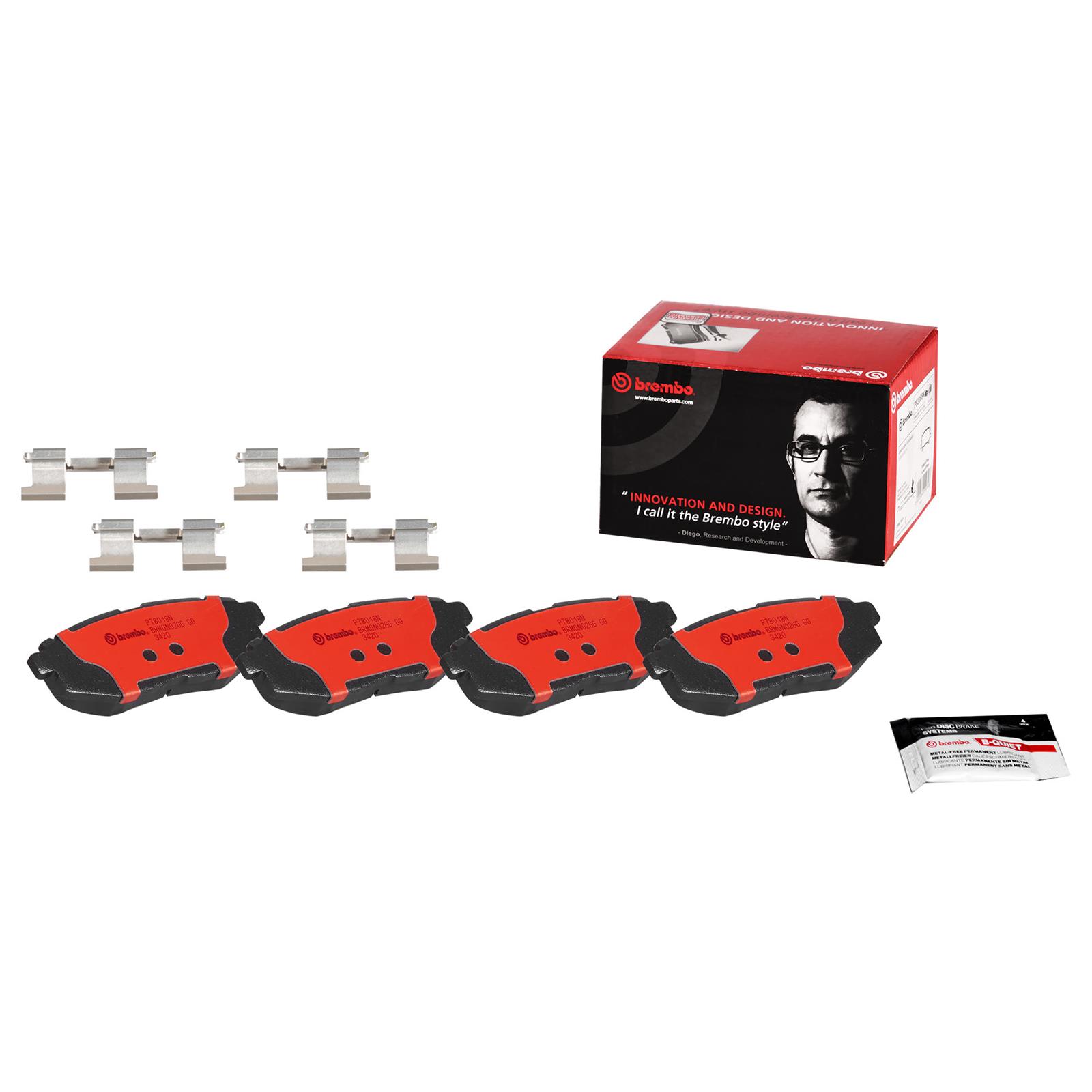 Brembo NAO Ceramic Brake Pads P78018N Pads, Brembo, Ceramic, Integrally Molded, Shims, with Hardware, Scion, Set