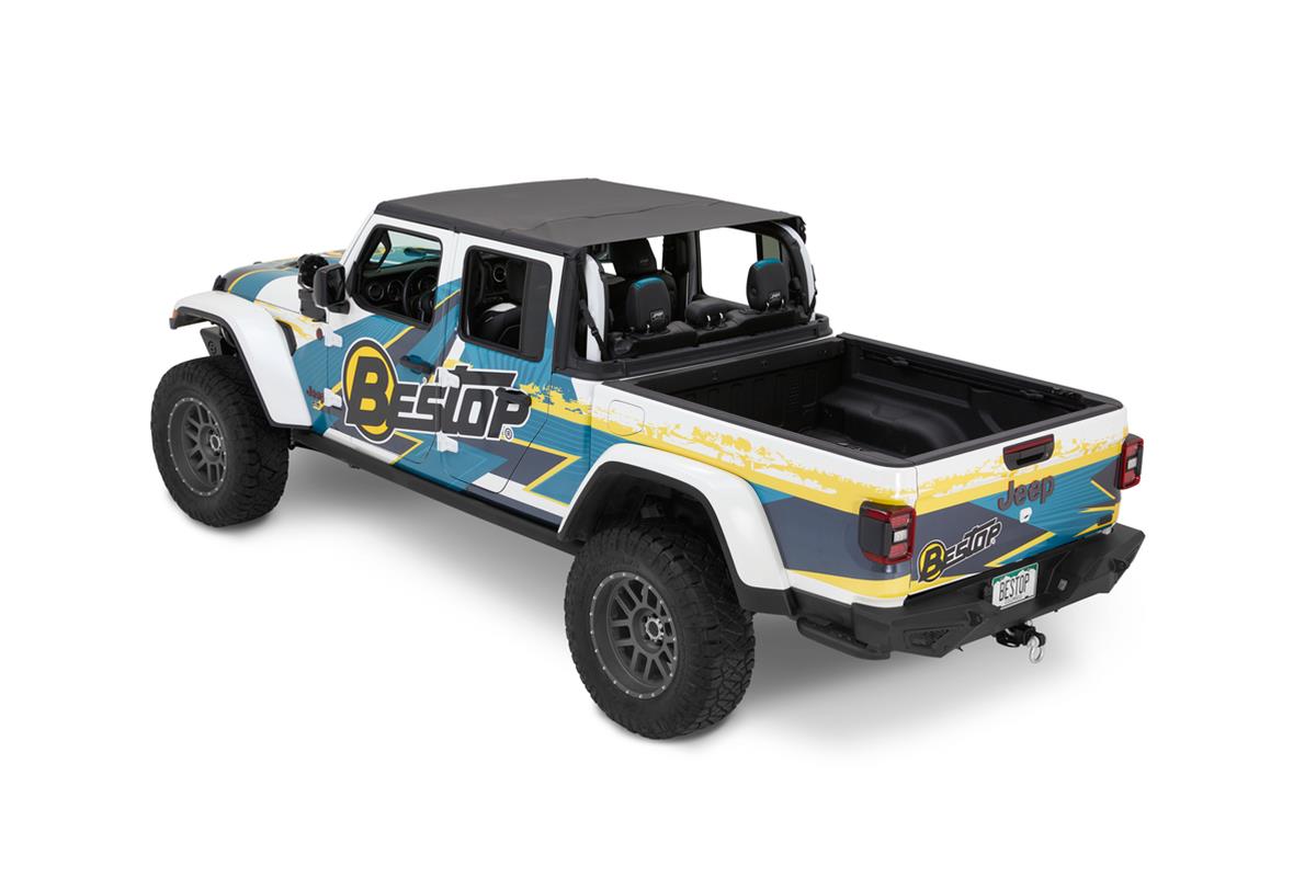 Bestop Safari Header Bikini Tops for 2020-2024 GLADIATOR - 5261535 Soft Top, Top, Partial, Includes Windshield Header, Polymer Cloth, Black Diamond, Jeep, Each