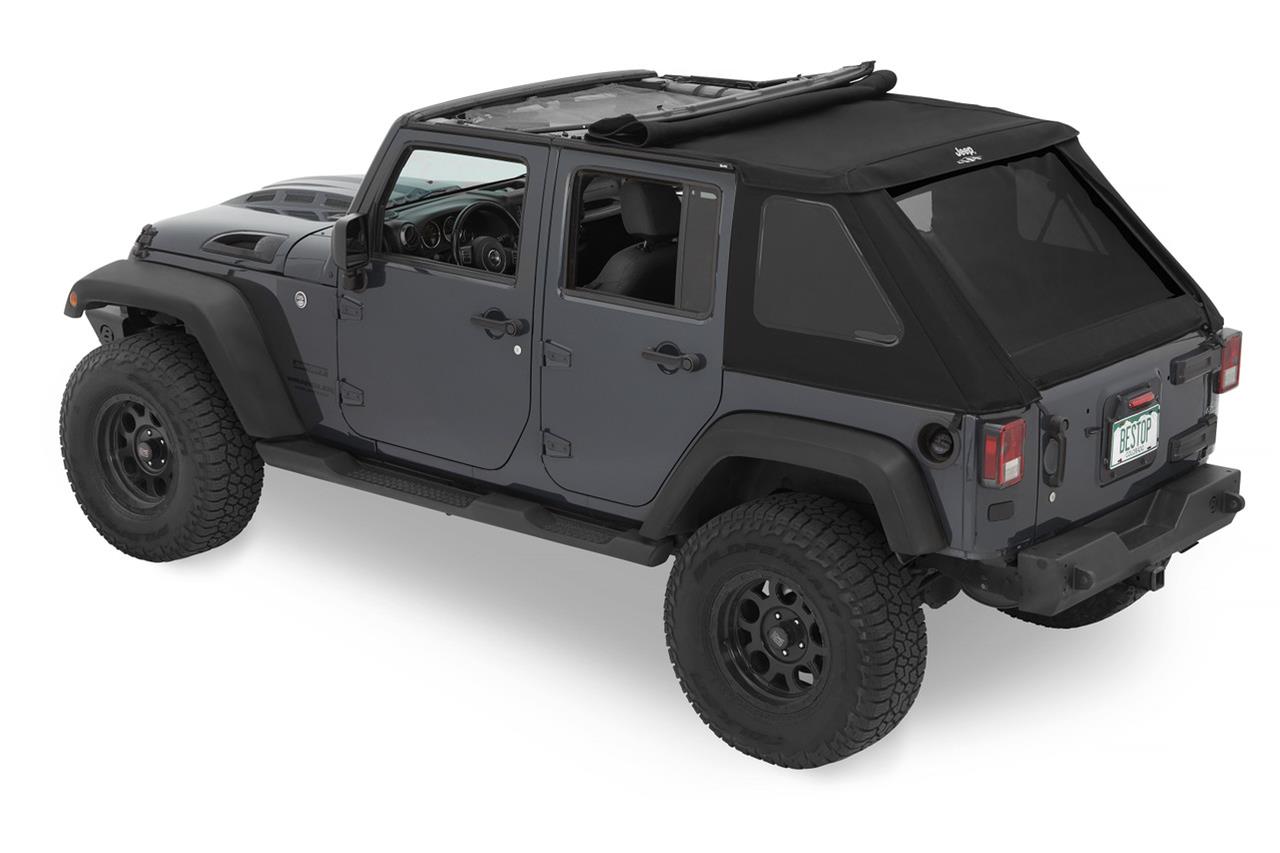 Bestop Trektop Slantback Soft Tops for 2007-2017 WRANGLER, 2018 WRANGLER JK - 56453-17 Top, Slantback, Twill, Black Twill, Tinted Windows, Jeep, 4-Door, Each thumbnail 2