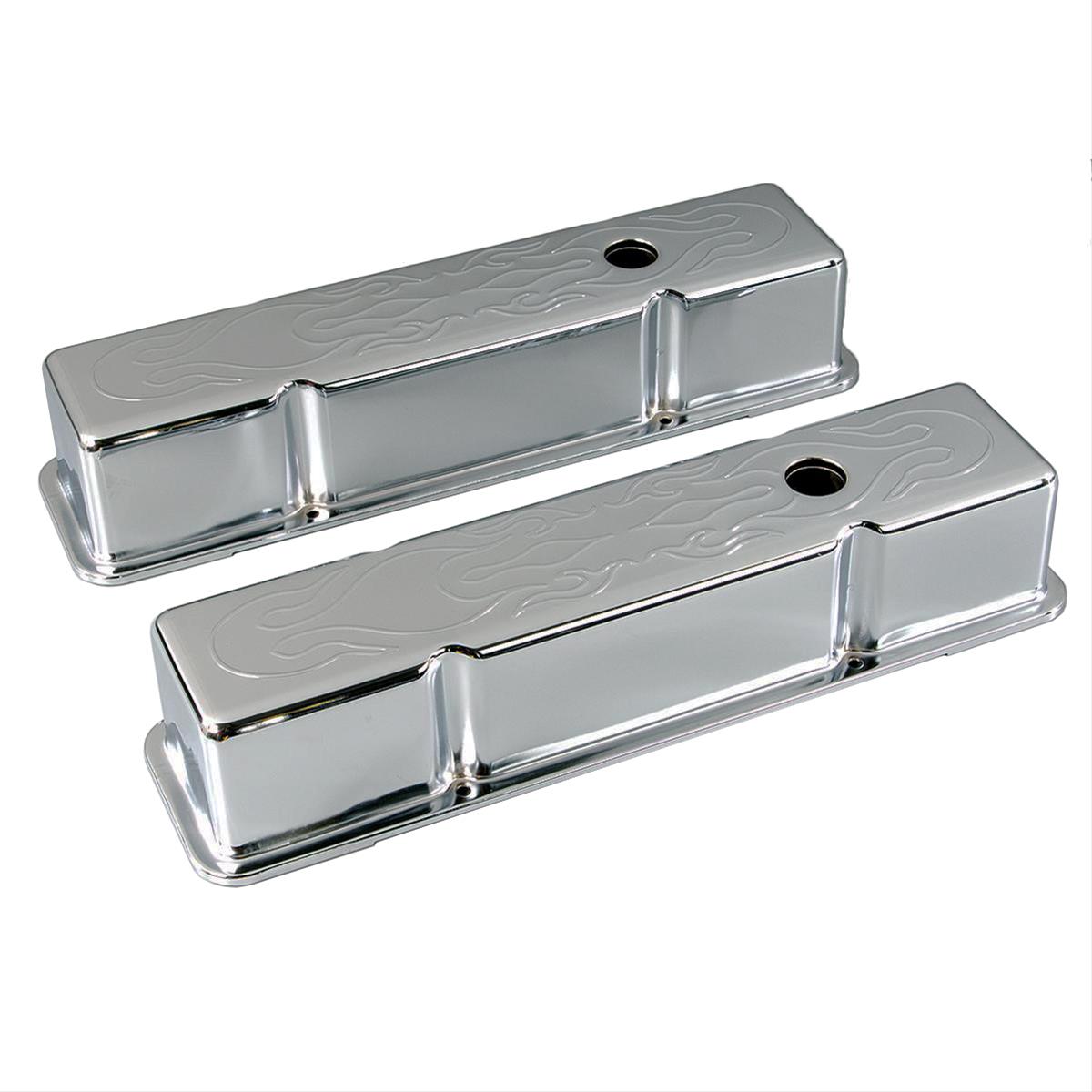Small Block Chevy Polished Aluminum Valve Covers Recessed Engraved Flame Top