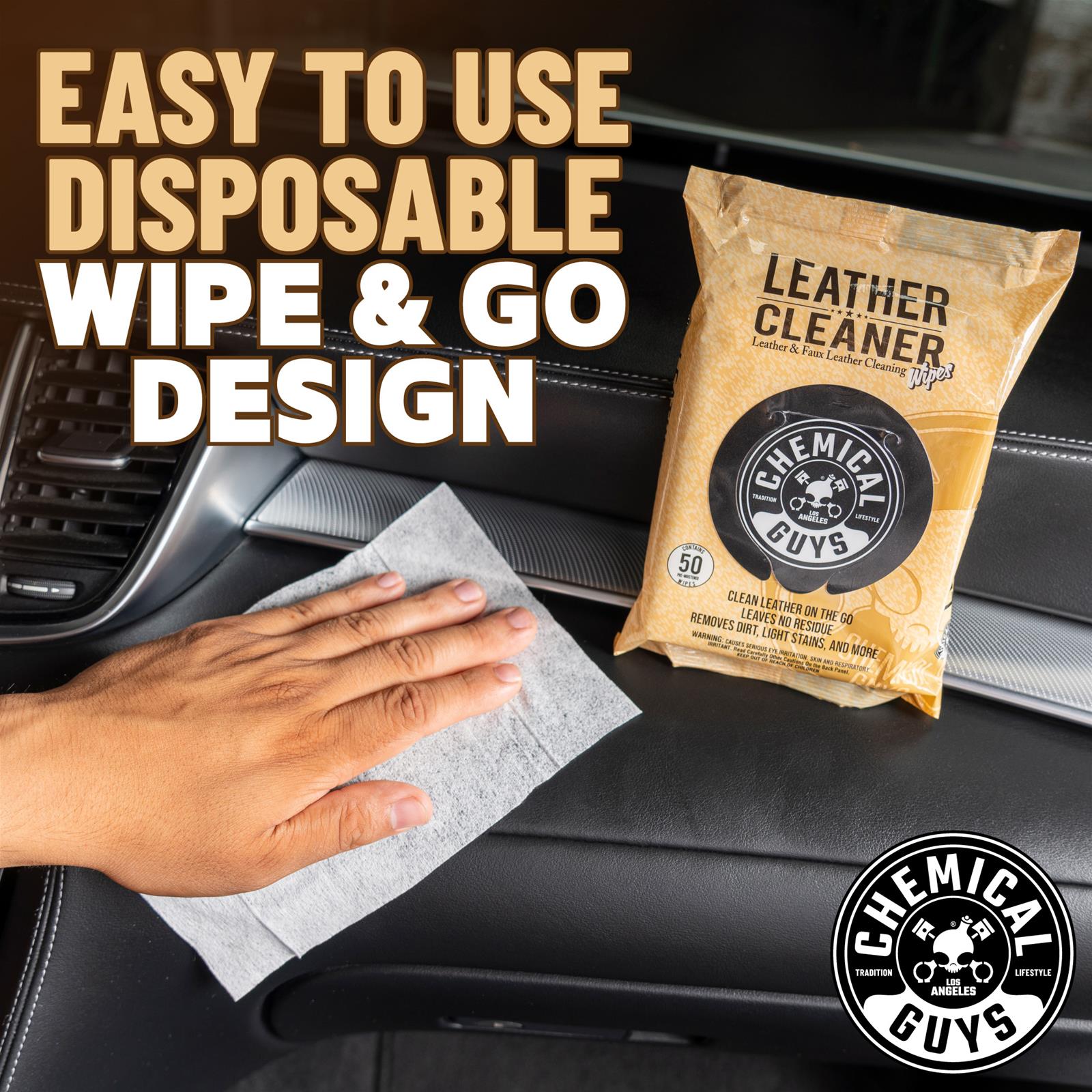 Chemical Guys Leather Cleaner PMWSPI20850 Cleaning Solutions, Cleaning Wipes, Leather, Vinyl, Faux Leather, 50 Wipes, Each