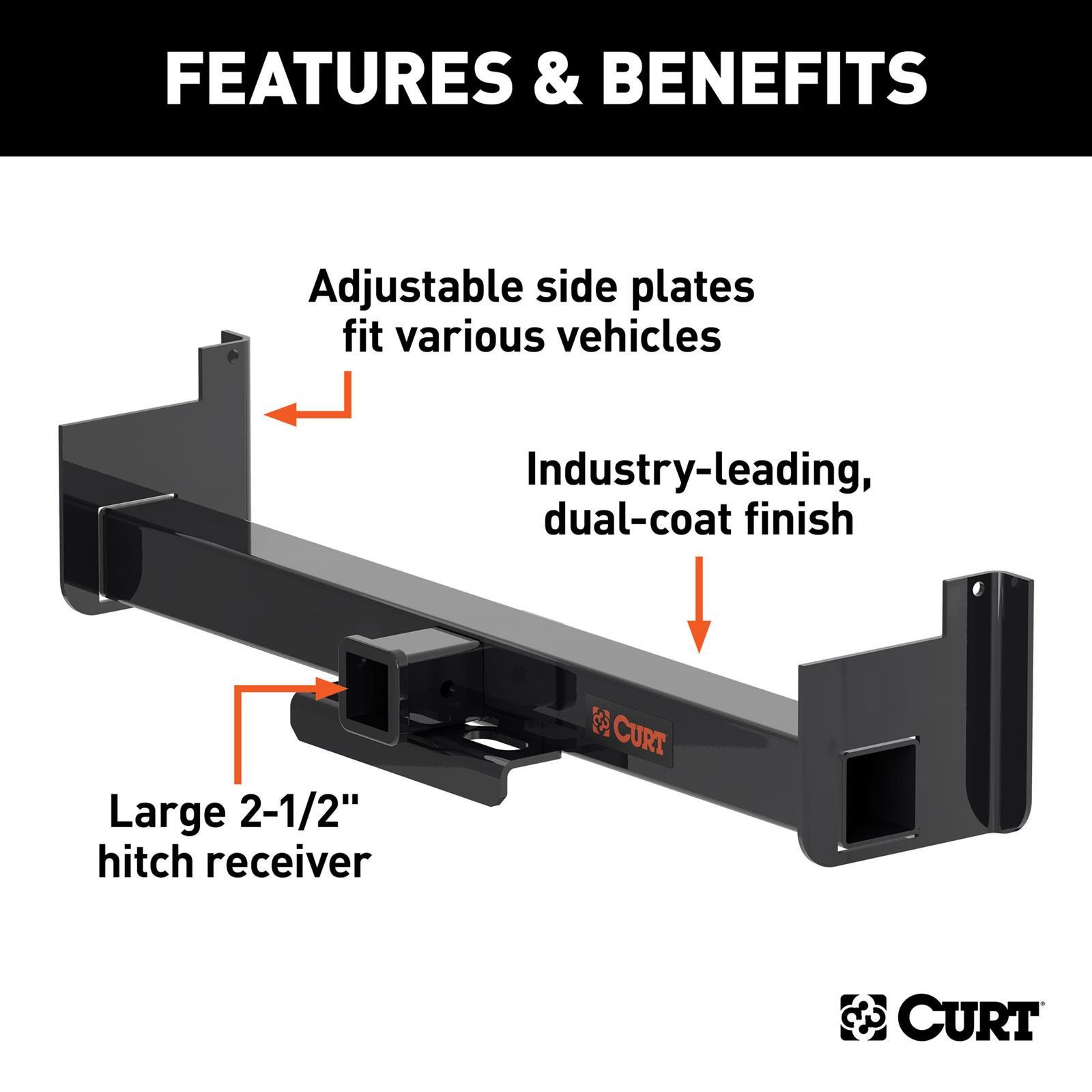 CURT Class 5 Receiver Hitch 15923 Hitches, V, Universal Weld-On Trailer Hitch, 2 1/2 in. Receiver, Up to 44 in. Frames, 9 in. Drop, Adjustable Side Plates, Each thumbnail 3