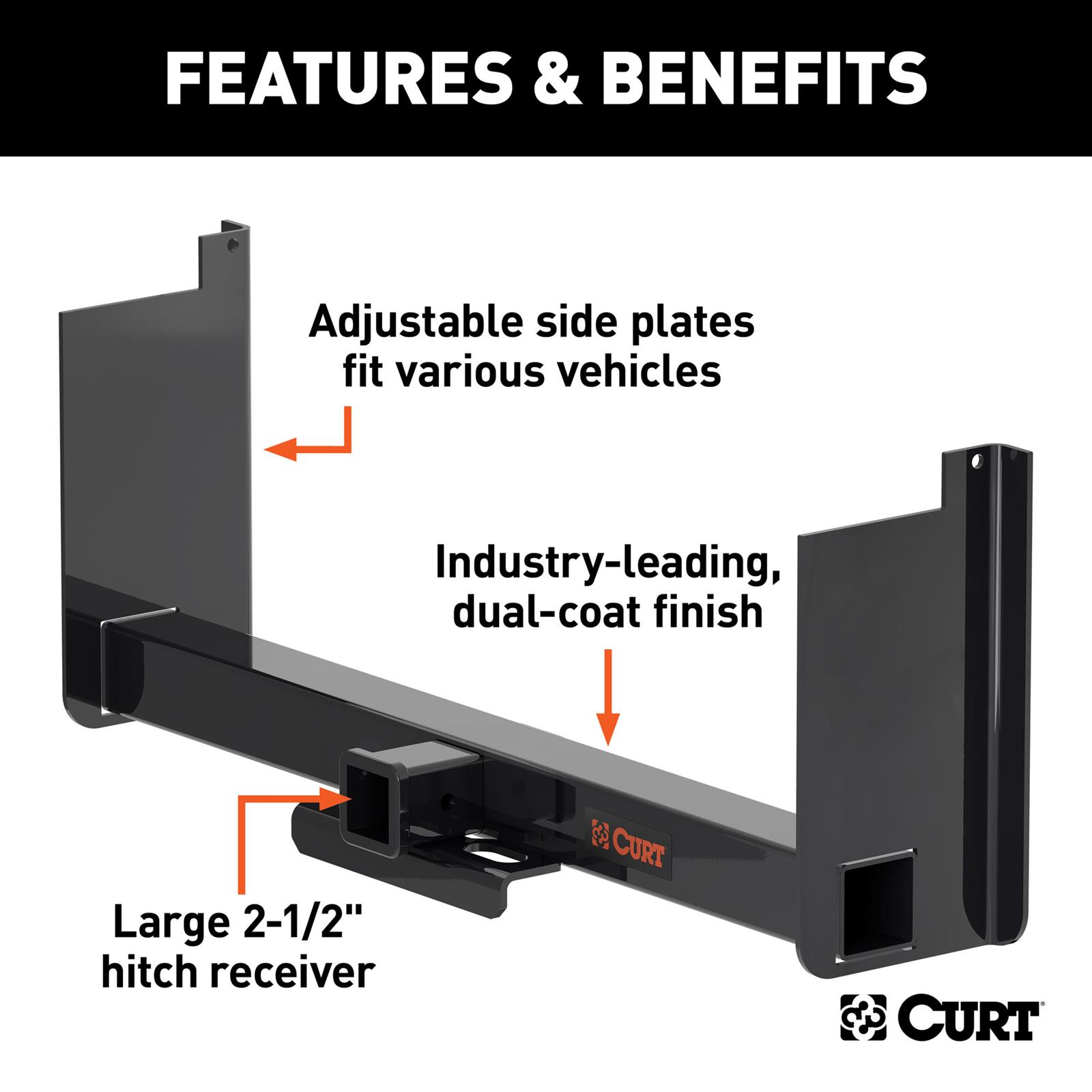 CURT Class 5 Receiver Hitch 15924 Hitches, V, Universal Weld-On Trailer Hitch, 2 1/2 in. Receiver, Up to 44 in. Frames, 18 in. Drop, Adjustable Side Plates, Each thumbnail 3