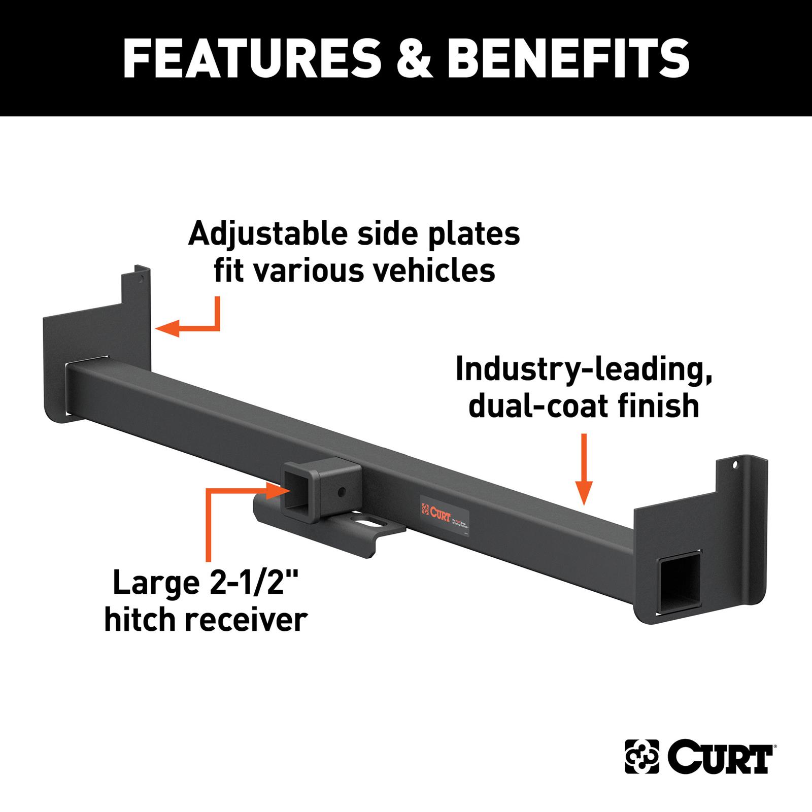 CURT Class 5 Receiver Hitch 15925 Hitches, V, Universal Weld-On Trailer Hitch, 2 1/2 in. Receiver, Up to 62 in. Frames, 9 in. Drop, Adjustable Side Plates, Each thumbnail 3