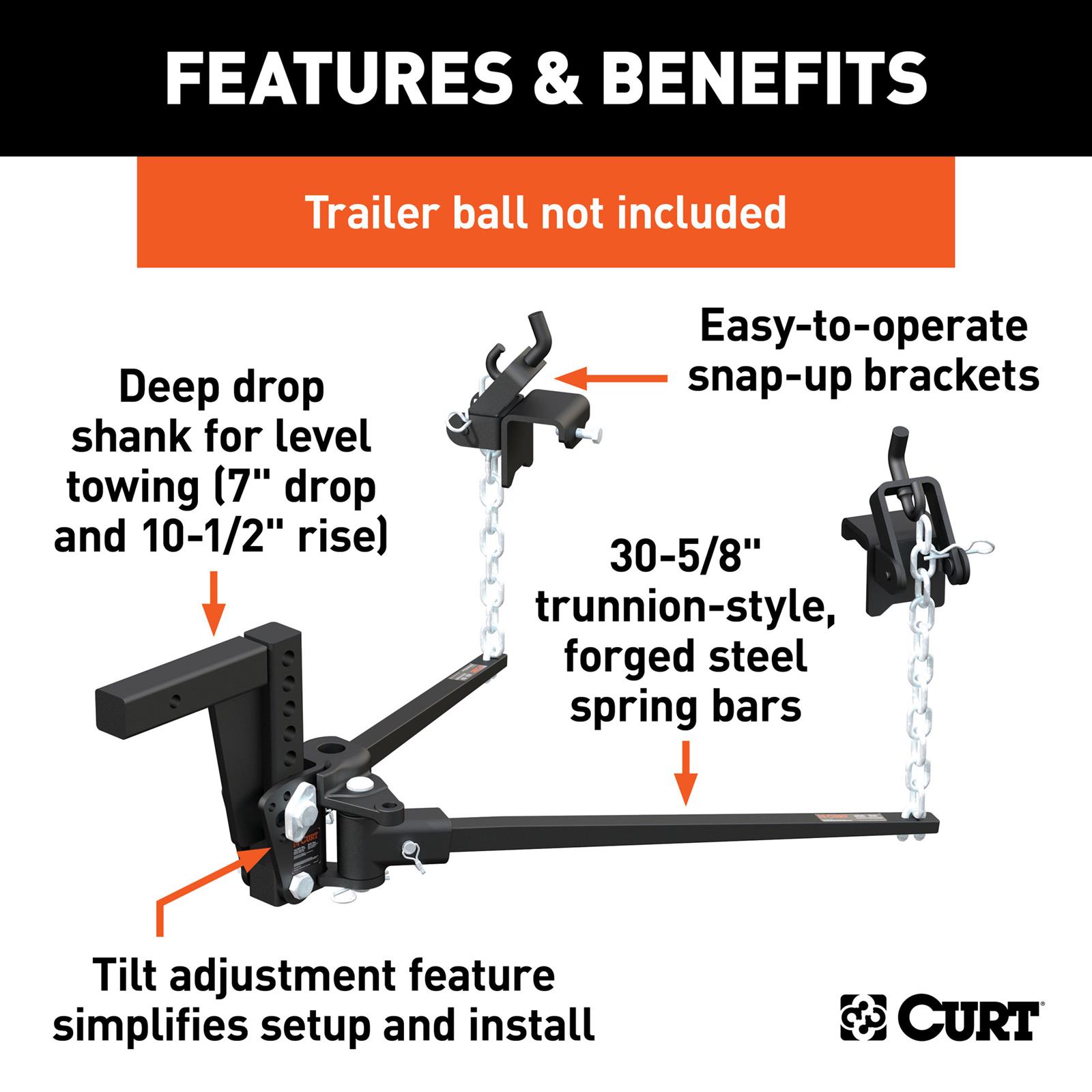 CURT Trunnion Bar Weight Distribution Hitches 17352 Hitch, Deep Drop Hitch, 10,000 lbs, 30 5/8 in. Bars, Kit thumbnail 4