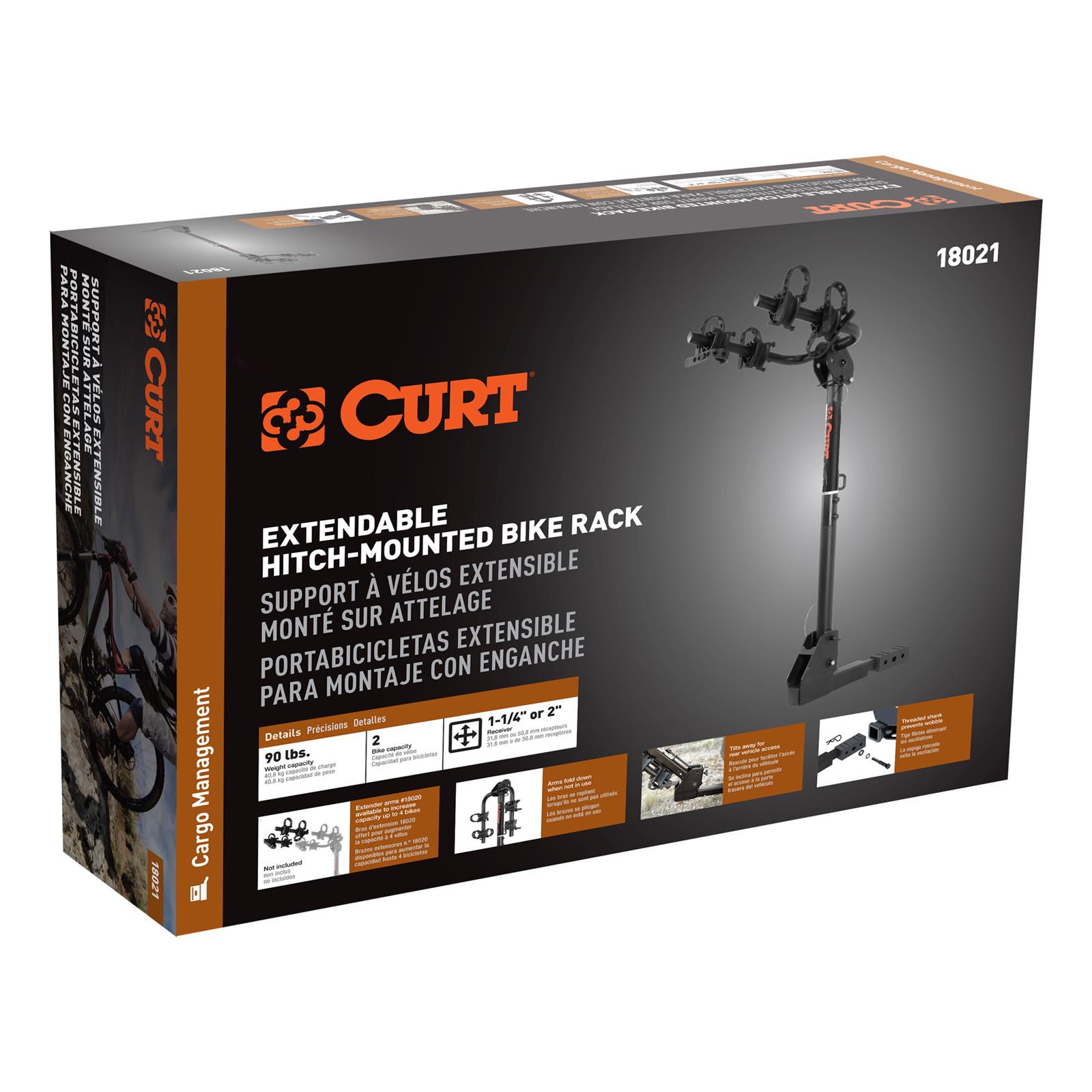 CURT Hich-Mounted Bike Racks 18021 Racks, Hitch-Mounted Rack, Frame-Style Rack, Hitch Mount, 1.25 and 2 in. Receiver Size, 2 Capacity, Steel, Back, Each
