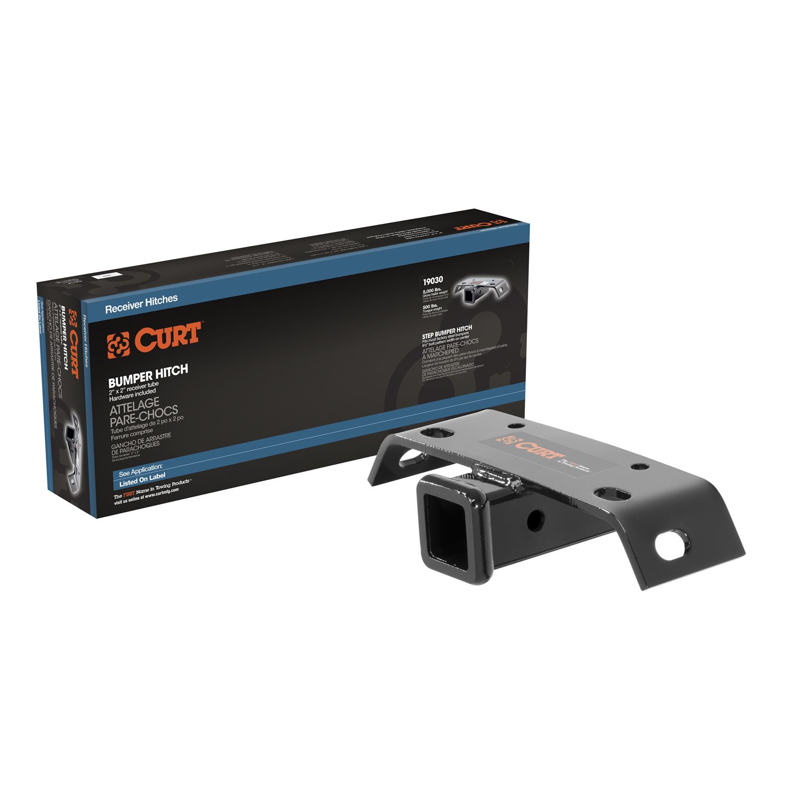 CURT Step Bumper Hitches 19030 Trailer Hitch, Bumper, V-5 Rated, Black, 2 in. Square Receiver, 8-1/2 in. Bolt Pattern, Universal, Each thumbnail 2