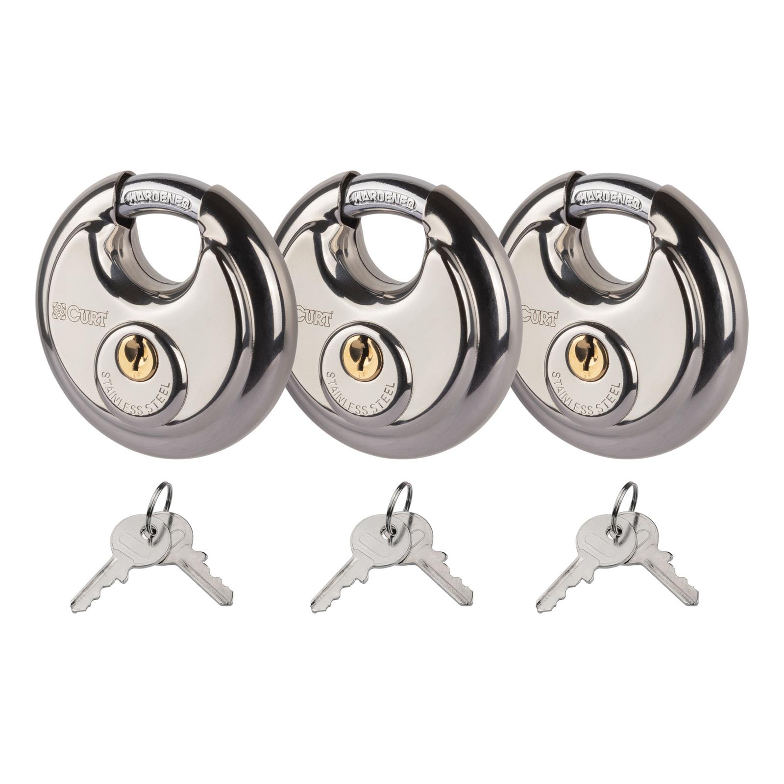 CURT Stainless Steel Disc Locks 23085 Security Lock, Lock, Steel, Natural, Two Keys, Set of 3