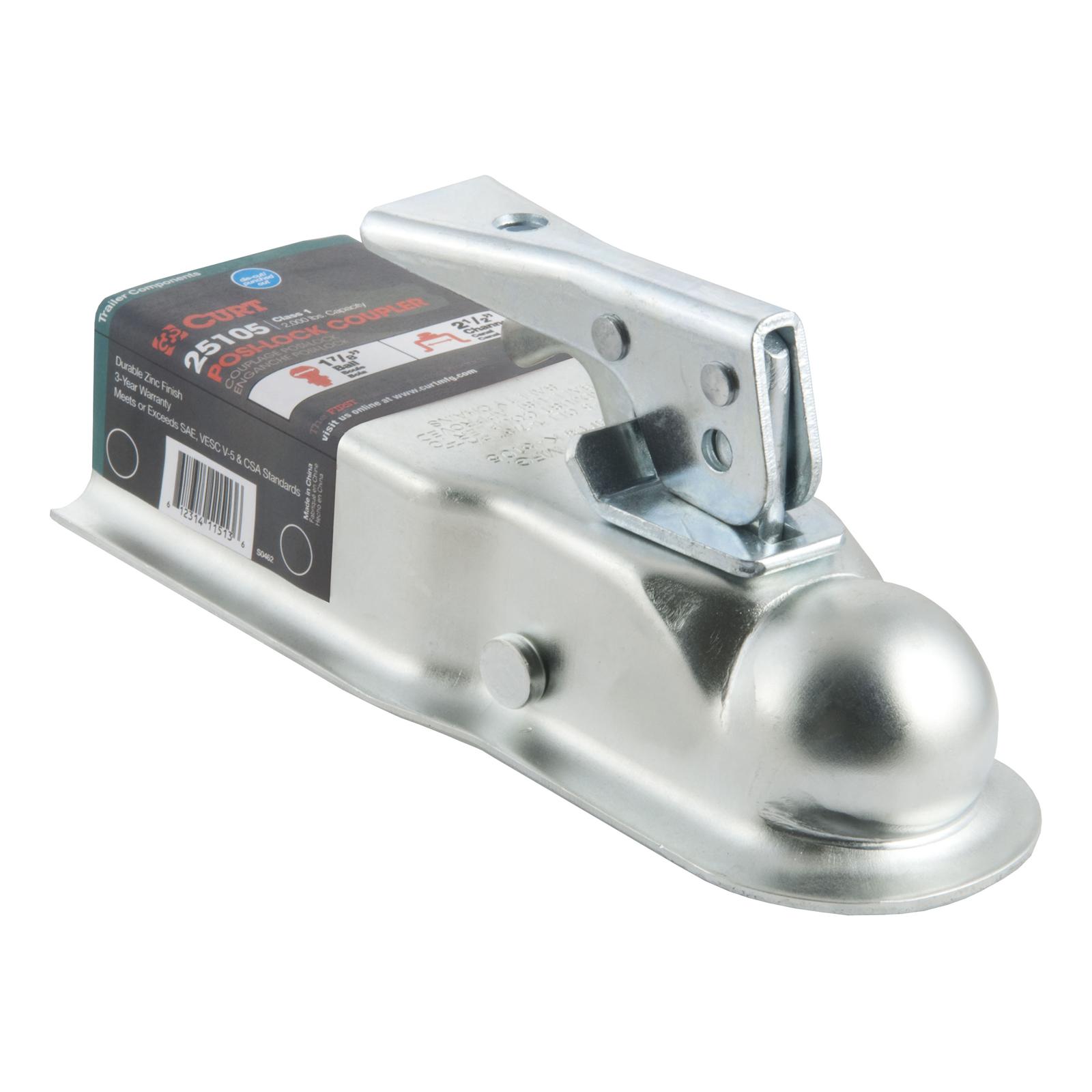 CURT Posi-Lock Couplers 25105 Trailer Coupler, Posi-Lock, 1 7/8 in. Ball, 200 lb. TW, 2,000 lb. GTW, Steel, Zinc Plated, Each