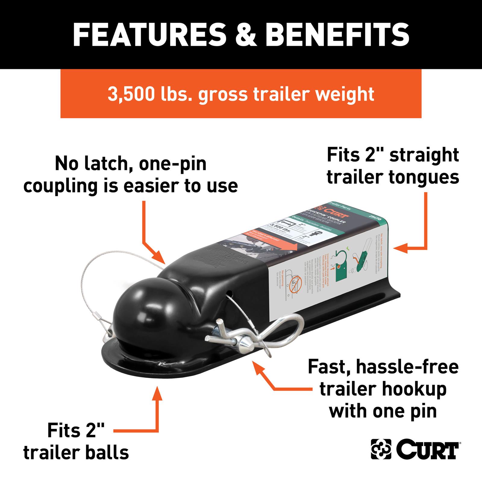 CURT QuickPin Trailer Couplers 25470 Hitch Coupler, No-Latch Coupler, 2.0 in. Ball, 2.0 in. Channel, 3,500 lbs., Includes 1/2 in. Dia. Pin and Clip, Each thumbnail 3