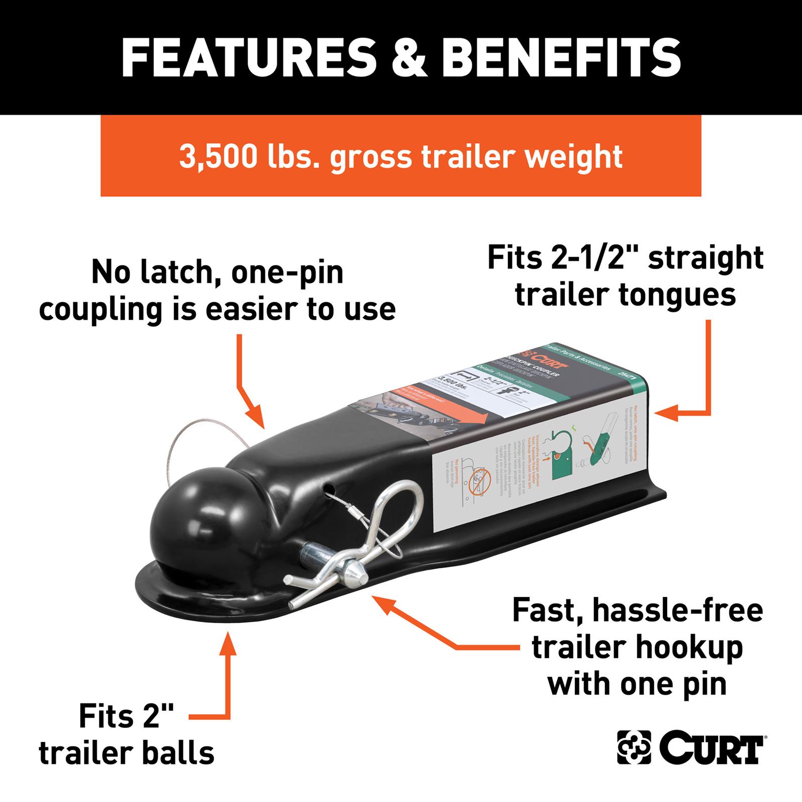 CURT QuickPin Trailer Couplers 25471 Hitch Coupler, No-Latch Coupler, 2.0 in. Ball, 2 1/2 in. Channel, 3,500 lbs., Includes 1/2 in. Dia. Pin and Clip, Each thumbnail 4
