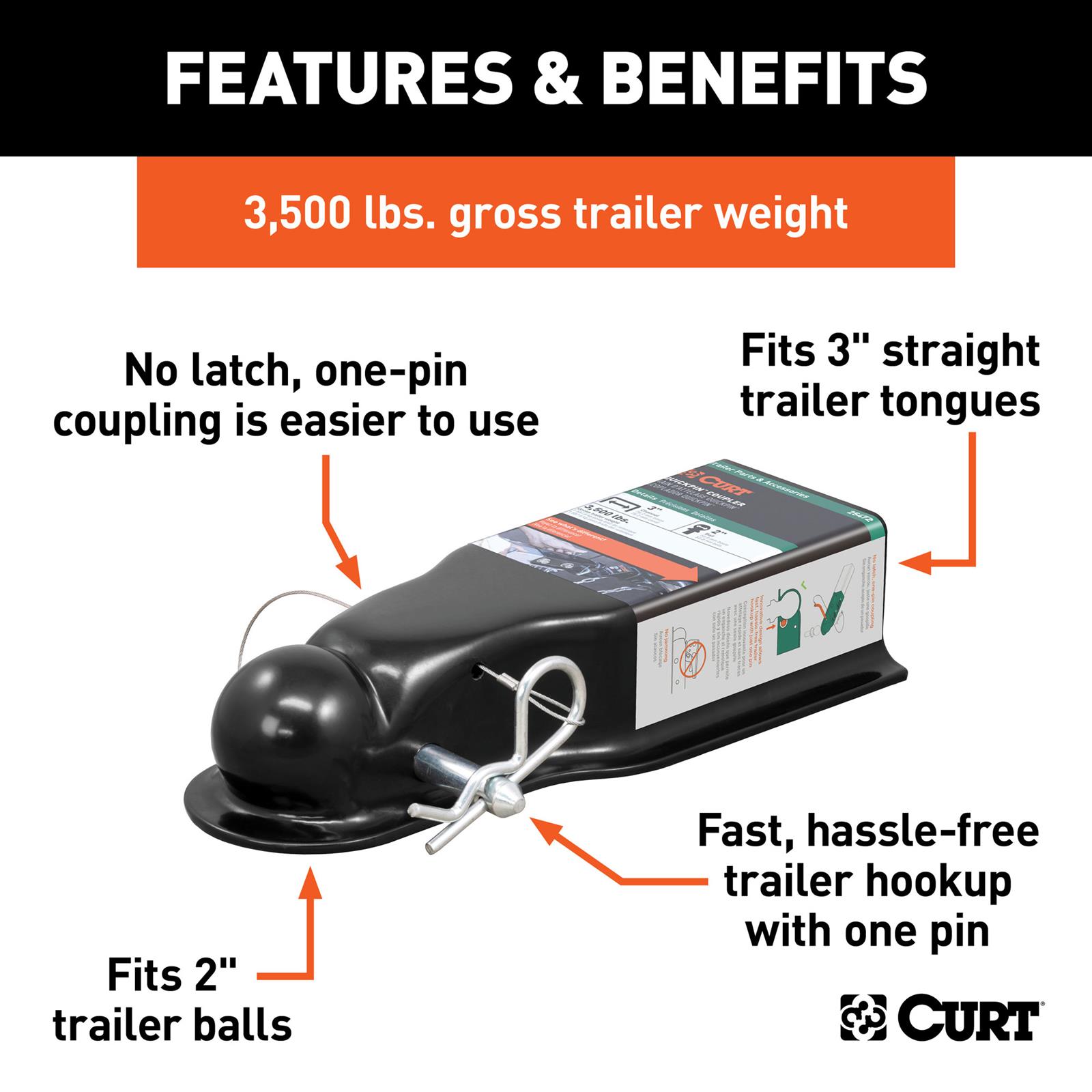 CURT QuickPin Trailer Couplers 25472 Hitch Coupler, No-Latch Coupler, 2.0 in. Ball, 3.0 in. Channel, 3,500 lbs., Includes 1/2 in. Dia. Pin and Clip, Each thumbnail 3
