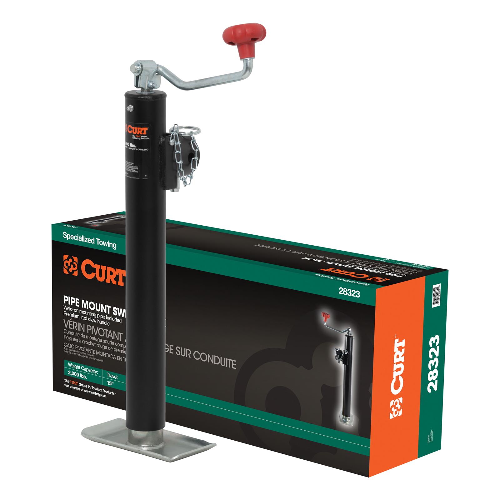 CURT Pipe-Mount Swivel Jacks 28323 Trailer Jack, Pipe Mount, Weld On, 2,000 lb. Capacity, 15 in. Travel, Steel, Painted, Top Wind, Each
