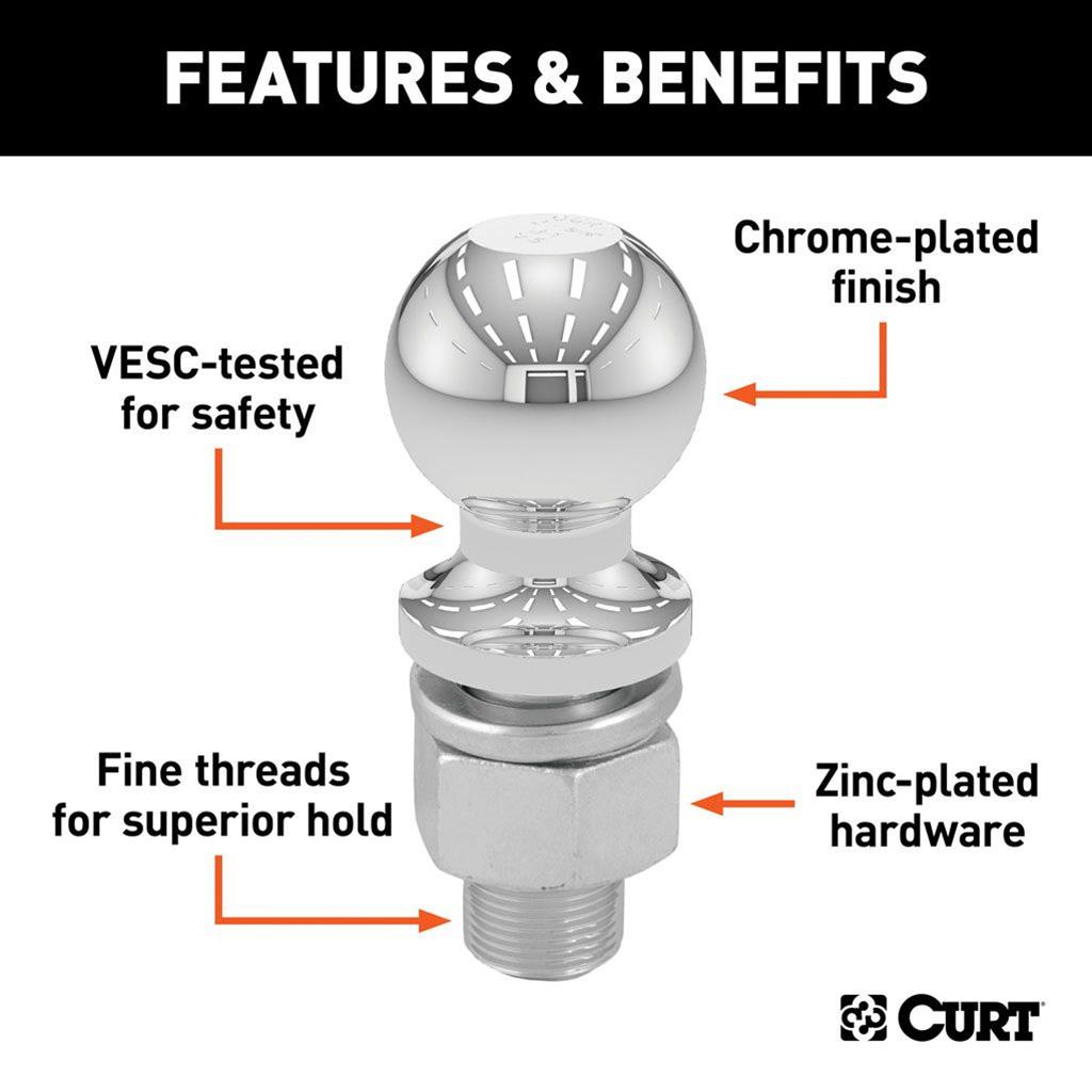 Curt Manufacturing Hitch Balls 40070 Trailer Ball, 2" Trailer Ball (1" x 2-1/8" Shank, 7,500 lbs., Chrome, Packaged) thumbnail 3