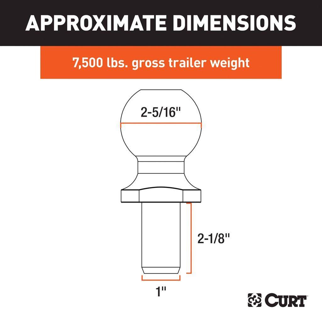 CURT Hitch Balls 40167 Ball, 2 5/16 in., 1.000 in. Shank Diameter, 2.125 in. Shank Length, 7,500 lbs. Capacity, Steel, Chrome, Each thumbnail 2