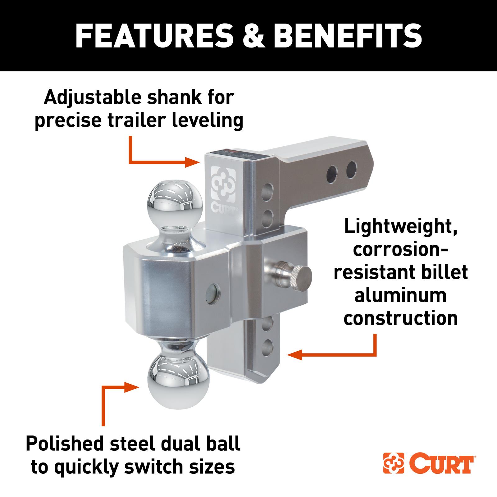 CURT Adjustable Ball Mounts 45363 Receiver Hitch Mount, Adjustable, 2 in. Square, 5.50 in. Drop, 2 in. ball, 2 5/16 in. Ball, Each thumbnail 3