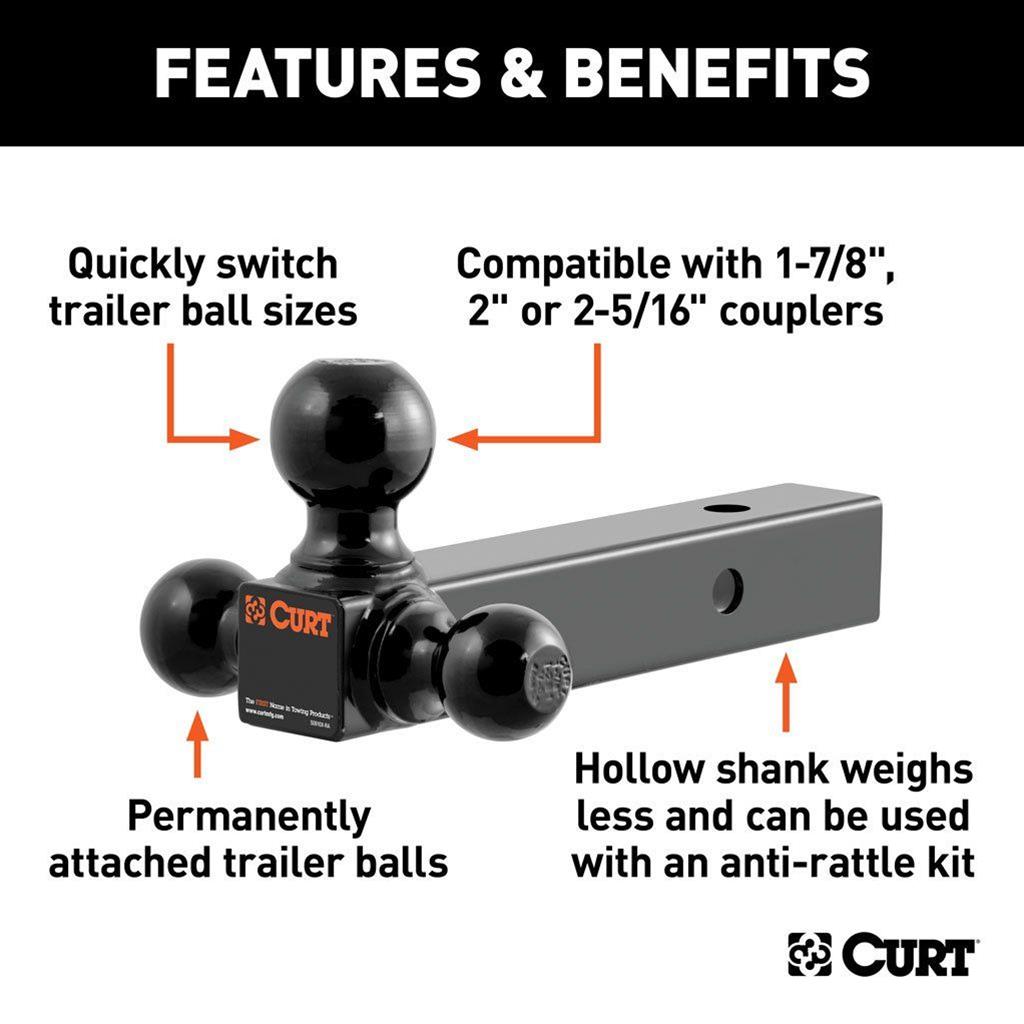 CURT Triple Ball Mounts 45652 Receiver Hitch Mount, Steel, Black, 2 in. Hollow Square Shank, 10,000 lbs. Max, 0 in. Drop, 0 in. Rise, 8.50 in. Length, Each thumbnail 3