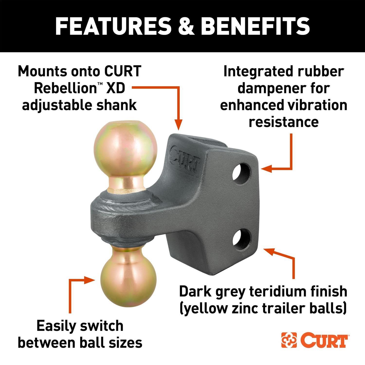 Curt Manufacturing Receiver Hitch Ball Mounts 45953 Trailer Mount, Replacement Rebellion XD Dual Ball, 2" & 2-5/16", Up to 20K thumbnail 3
