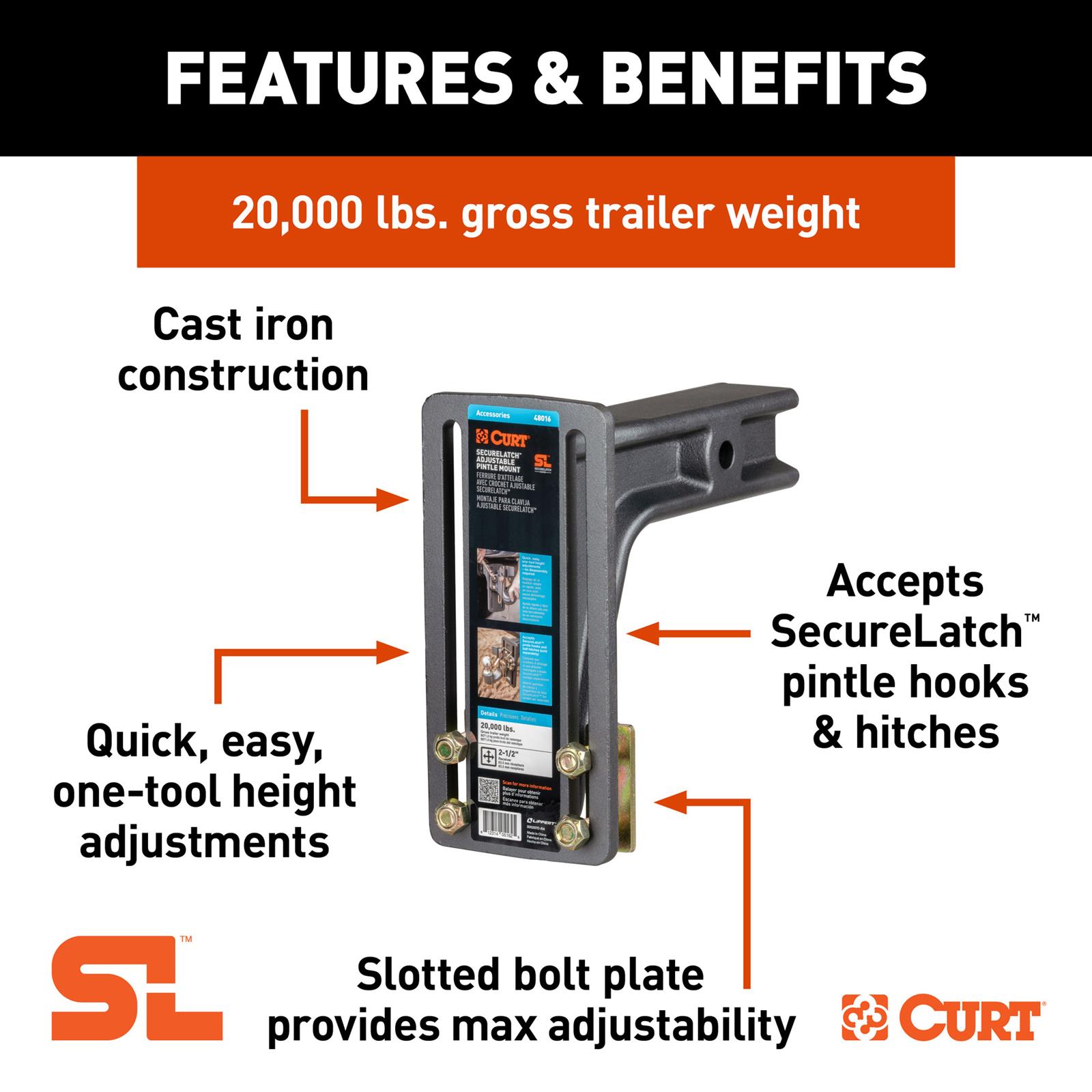 CURT Adjustable Pintle Mounts 48016 Mount, SecureLatch, Adjustable, 2 1/2 in. Shank, 20,000 Ibs., Each thumbnail 3