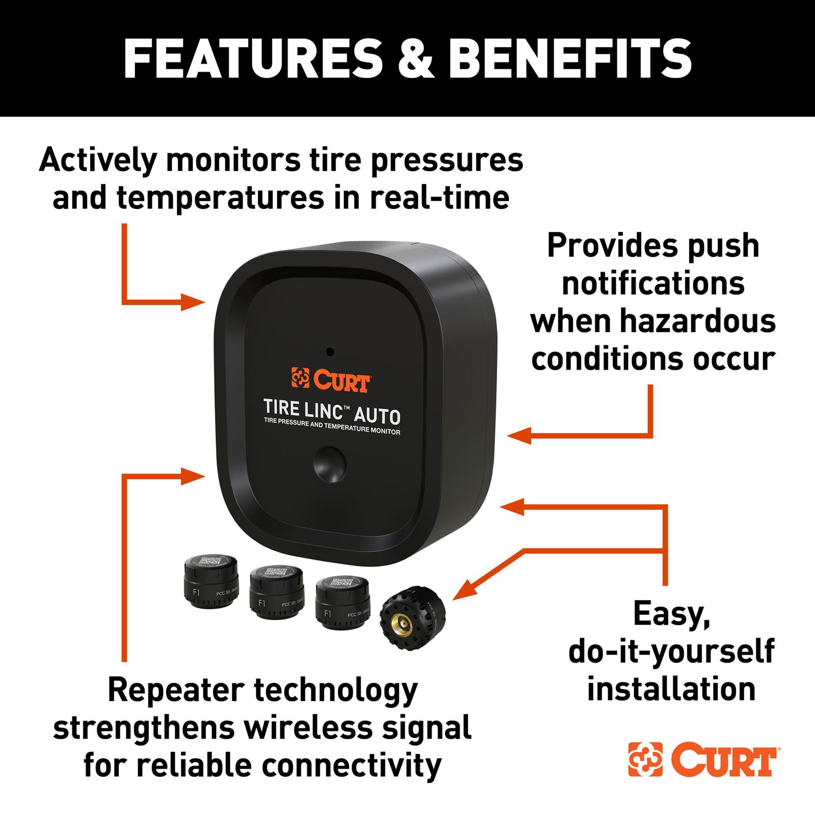 CURT Tire Linc Pressure Monitoring Systems 57009 System, TPMS, OneControl® App., Repeater, 4 Sensors, Kit thumbnail 3