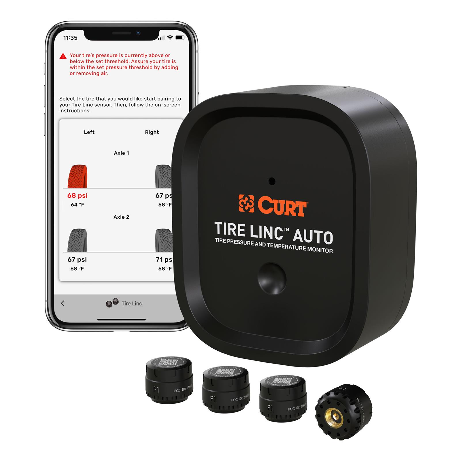 CURT Tire Linc Pressure Monitoring Systems 57009 System, TPMS, OneControl® App., Repeater, 4 Sensors, Kit