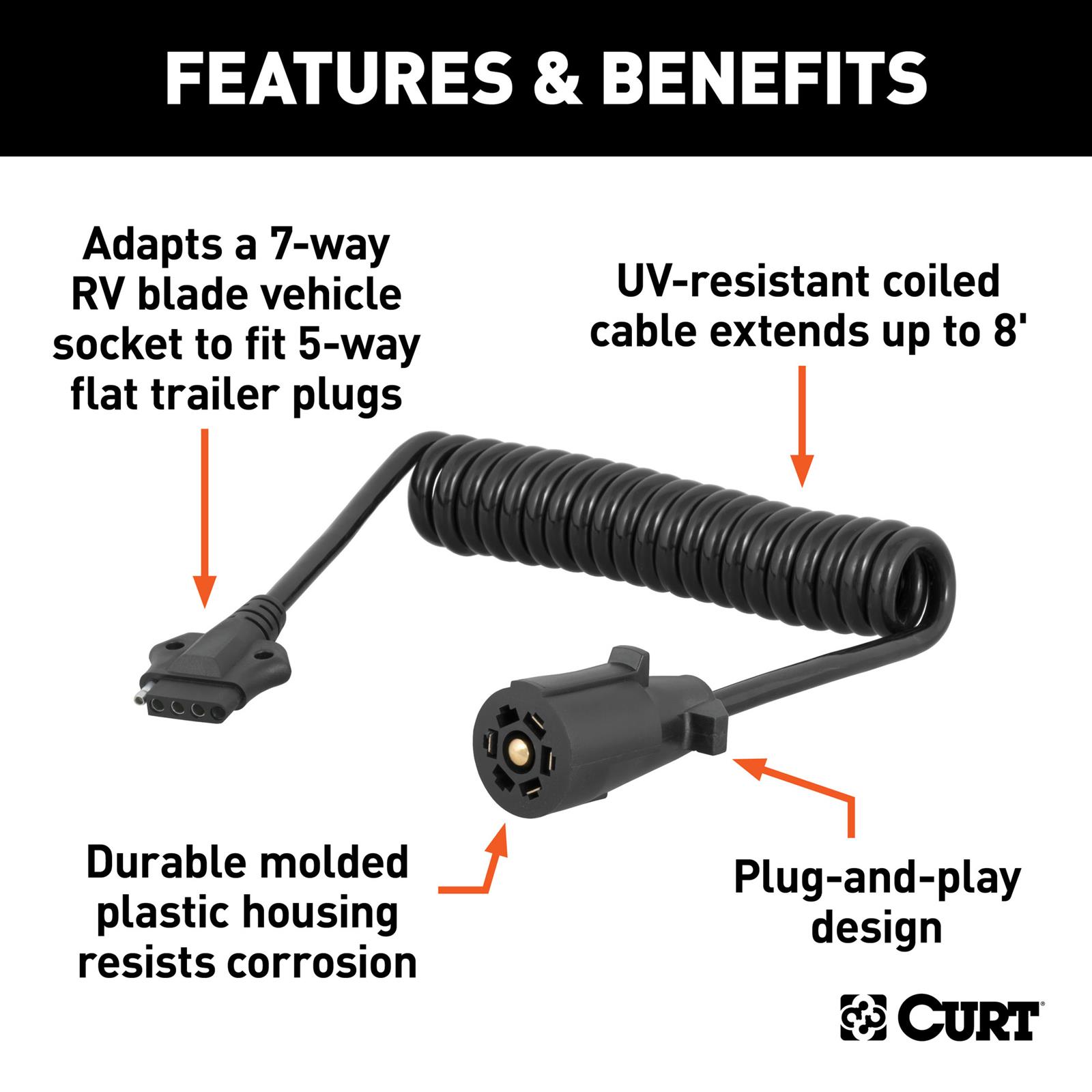 CURT Trailer Harness Adapters 57282 Vehicle Towing Adapter, Adapter, 7-Way RV Blade to 5-Way Flat, 8 ft. Cable, Universal, Each