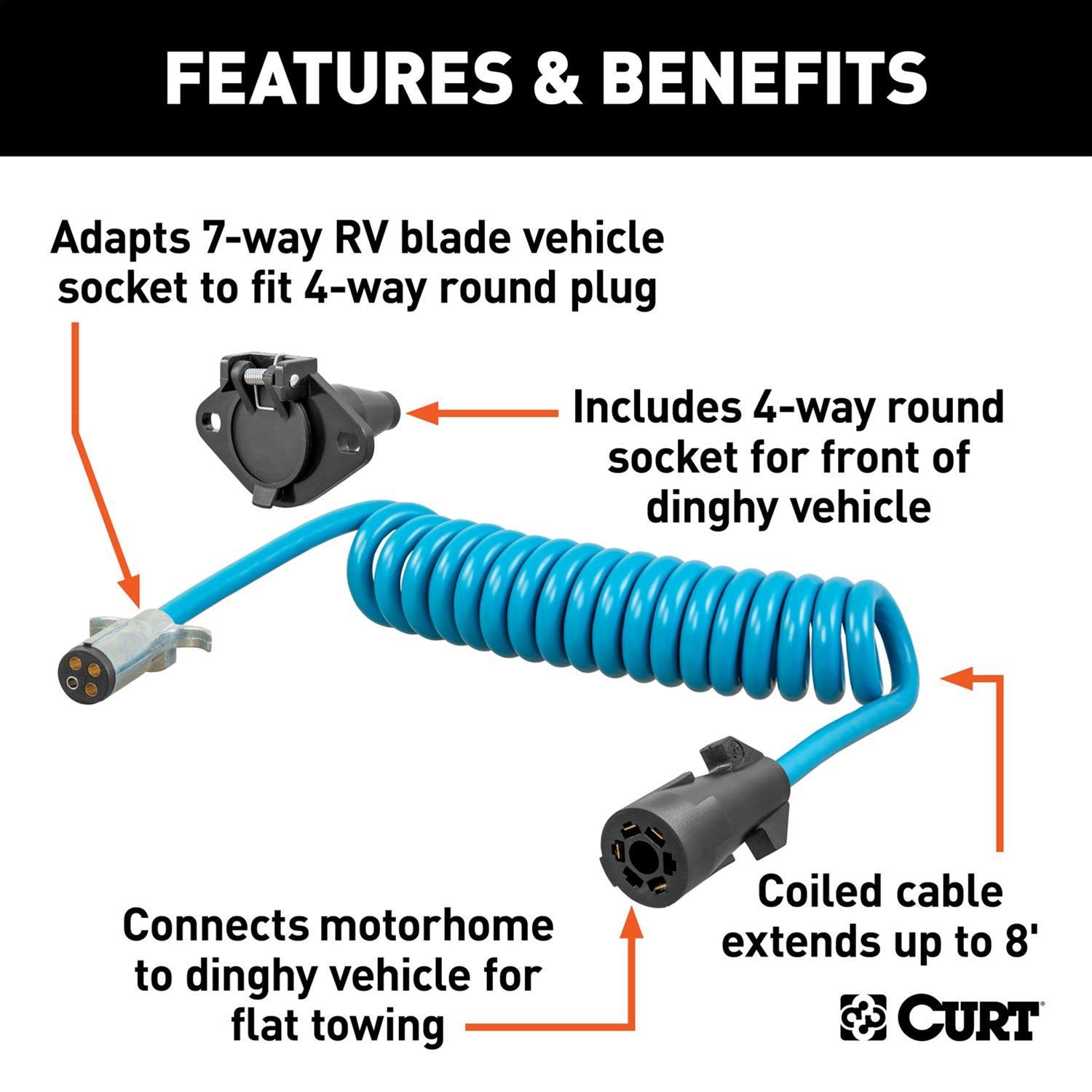Curt Manufacturing Trailer Wiring Harnesses 57285 RV Electrical Adapter, 8' Dinghy Towing Adapter & Socket (7-Way RV Blade to 4-Way Round Vehicle) thumbnail 2