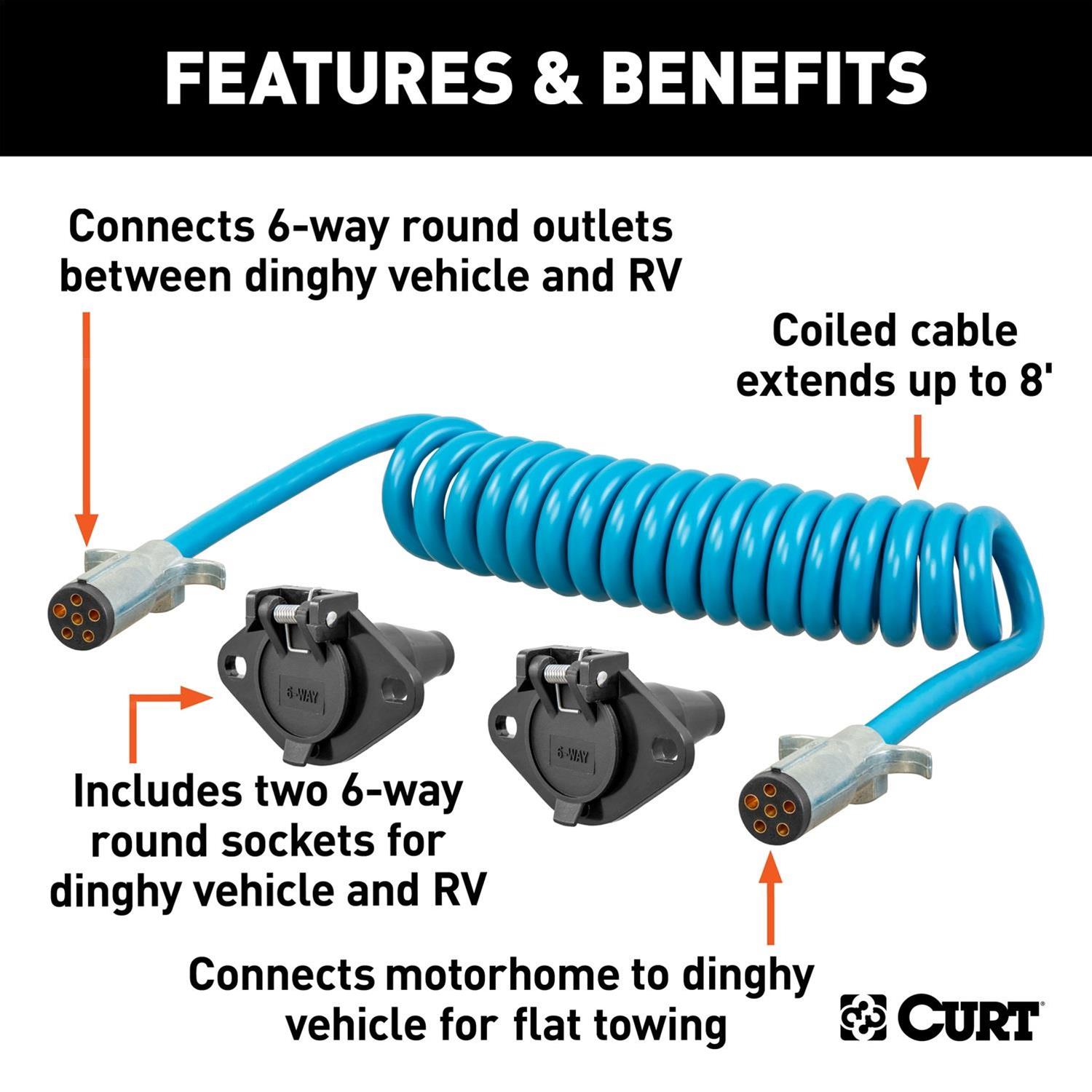 Curt Manufacturing Trailer Wiring Harnesses 57286 RV Electrical Adapter, 8' Dinghy Towing Electrical Extension & Sockets (6-Way Round) thumbnail 2