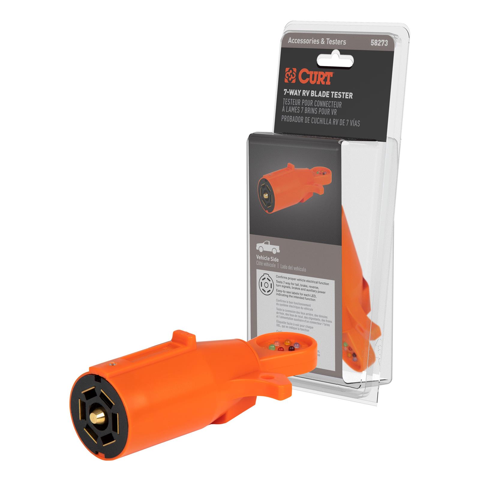 CURT LED Connector Testers 58273 Circuit Tester, Tester, 7-Way RV Blade Connector, Taillight, Turn Signal, Ground, Brake, Reverse, Auxiliary Power, Orange, Each