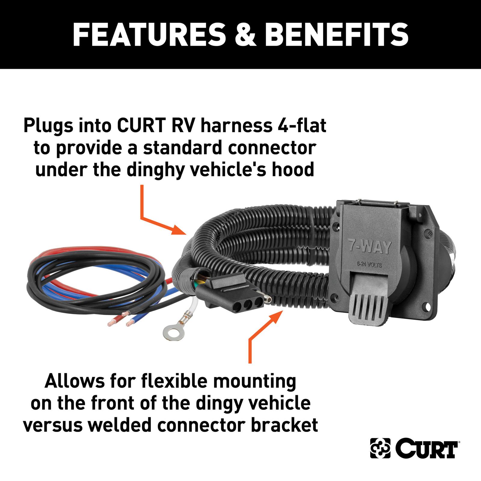 CURT Dinghy Towing Electrical Adapters 58980 Vehicle Harness Adapter, Trailer Connector Kit, Adapter, 4-Way Flat Vehicle to 7-Way RV Blade, Each thumbnail 2