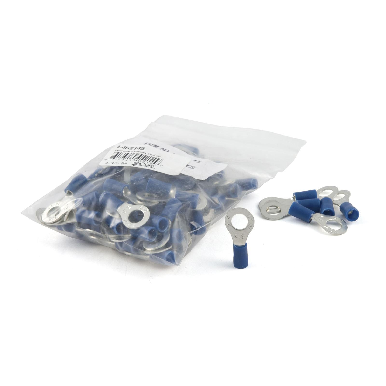 CURT Insulated Ring Terminals 59522 Wiring Connectors, Terminals, Female, 1/4 in. Stud Ring, 14 To 16-gauge, Blue, Set of 100