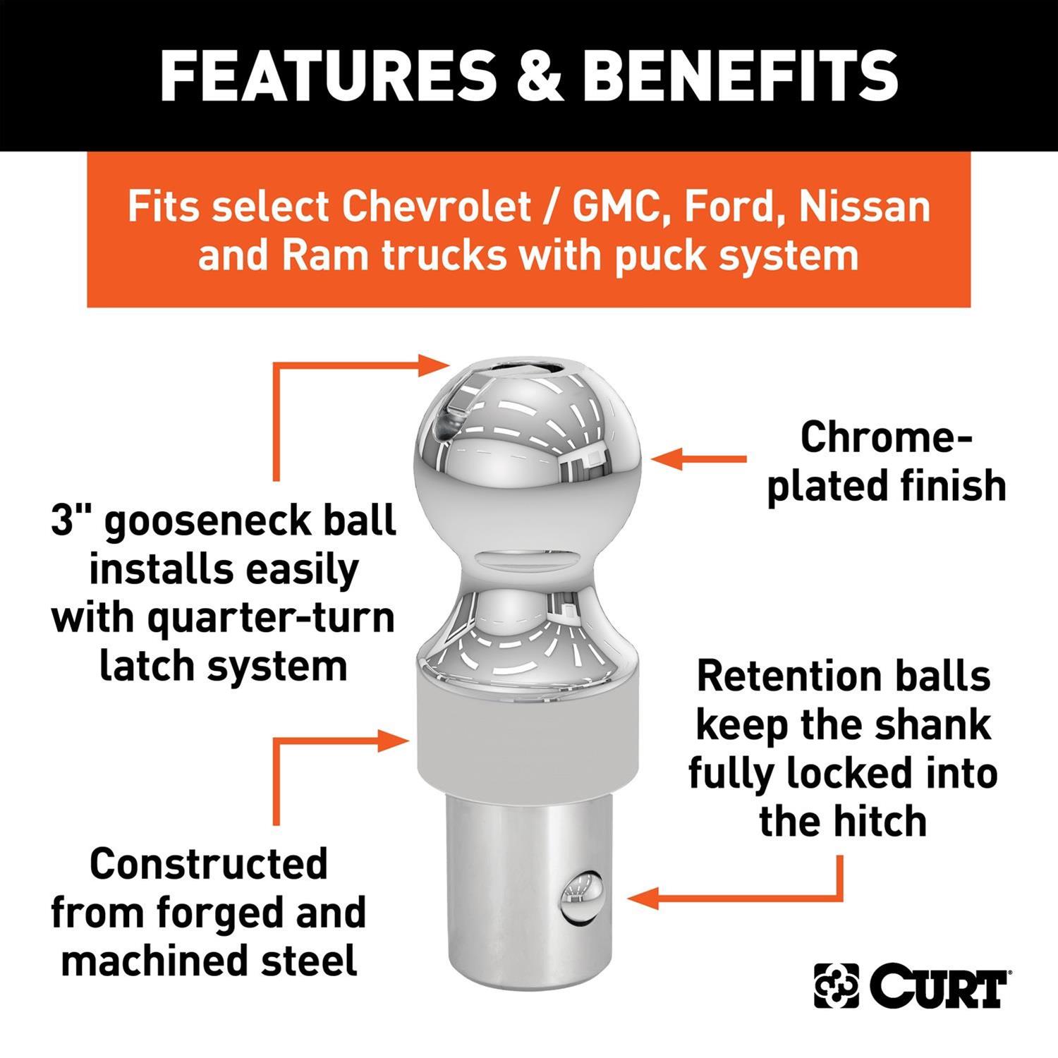 Curt Manufacturing Hitch Balls 60634 Gooseneck Trailer Ball, 3" OEM-Style Gooseneck Ball, 38,000 lbs. thumbnail 4
