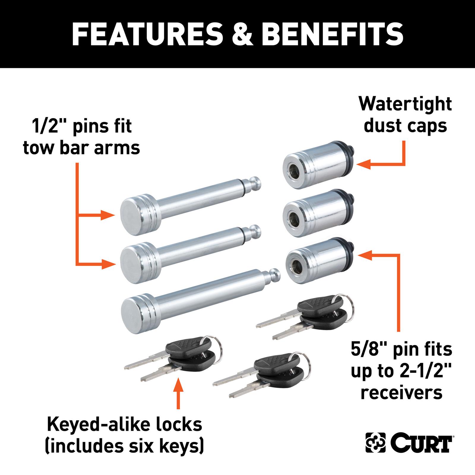 CURT Rambler Tow Bar Lock Sets 70005 Receiver Hitch and Coupler Locks, Rambler, RV Trailer Hitch, Two Locks for Arms, One for Receiver. Steel, Chrome, with Keys, Set of 3 thumbnail 3