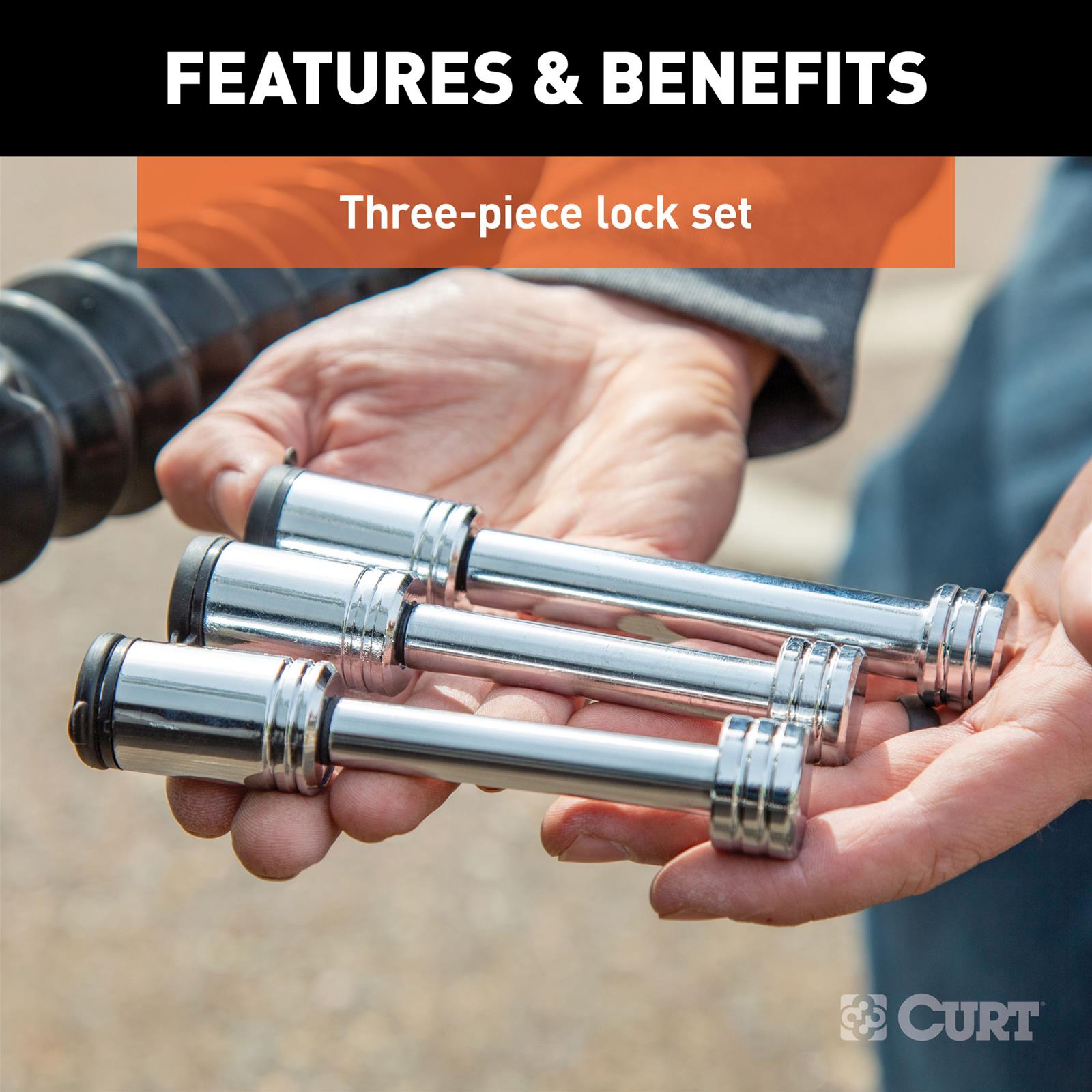 CURT Rambler Tow Bar Lock Sets 70005 Receiver Hitch and Coupler Locks, Rambler, RV Trailer Hitch, Two Locks for Arms, One for Receiver. Steel, Chrome, with Keys, Set of 3 thumbnail 4