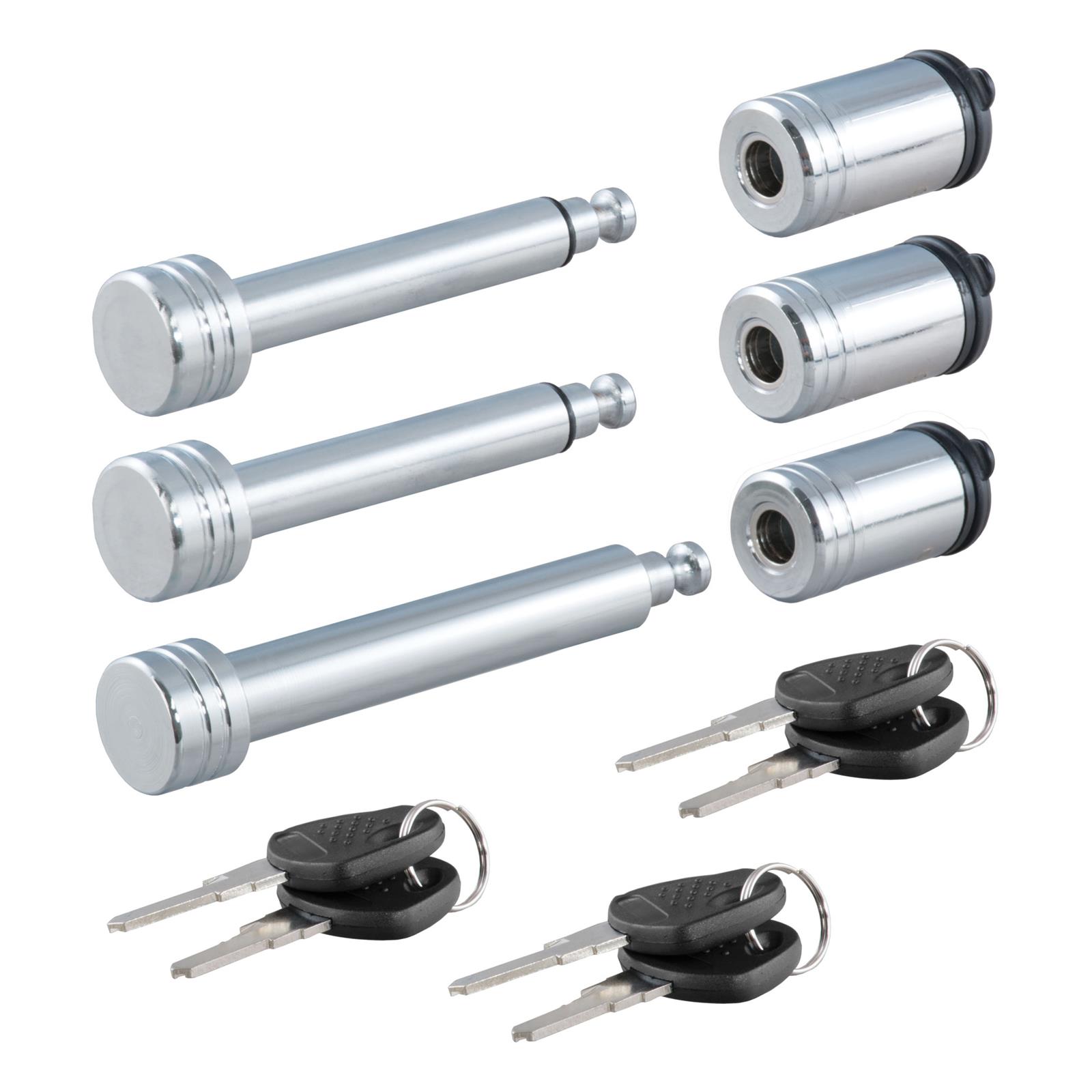 CURT Rambler Tow Bar Lock Sets 70005 Receiver Hitch and Coupler Locks, Rambler, RV Trailer Hitch, Two Locks for Arms, One for Receiver. Steel, Chrome, with Keys, Set of 3