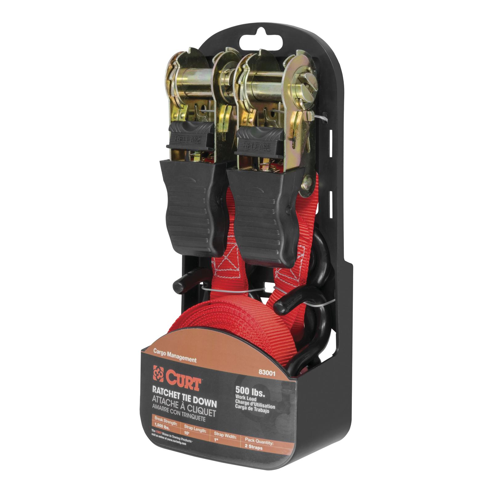 CURT Cargo Strap Sets 83001 Tie-Down Straps, Cargo, Ratchet, S-hook, 500 lbs. Working Load, 1 in. Width, 10 ft. Length, Red, Pair thumbnail 2