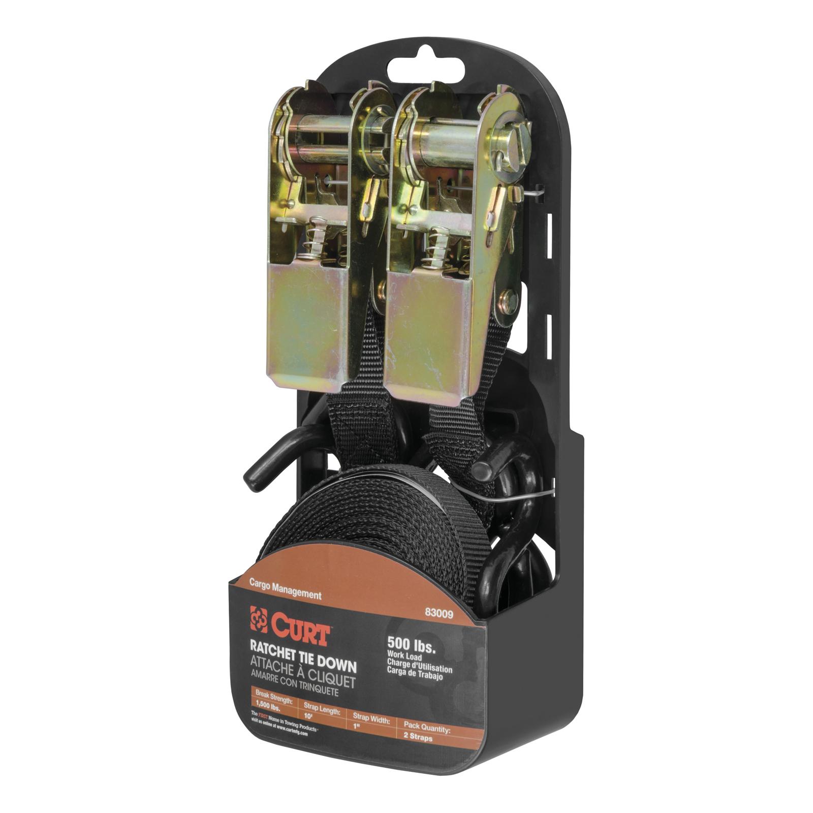 CURT Cargo Strap Sets 83009 Tie-Down Straps, Cargo, Ratchet, S-hook, 500 lbs. Working Load, 1 in. Width, 10 ft. Length, Black, Pair thumbnail 2