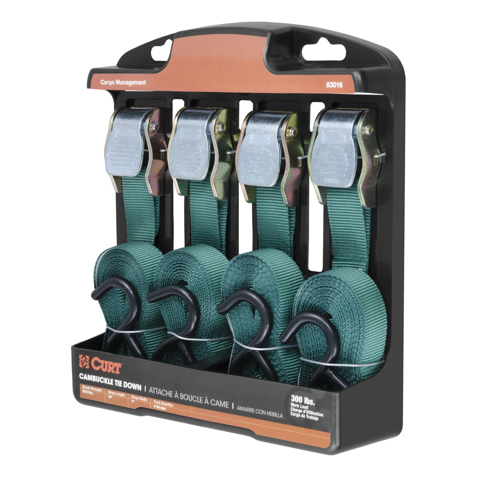 CURT Cargo Strap Sets 83016 Tie-Down Straps, Cargo, Cambuckle, S-hook, 300 lbs. Working Load, 1 in. Width, 16 ft. Length, Green, Set of 4 thumbnail 2
