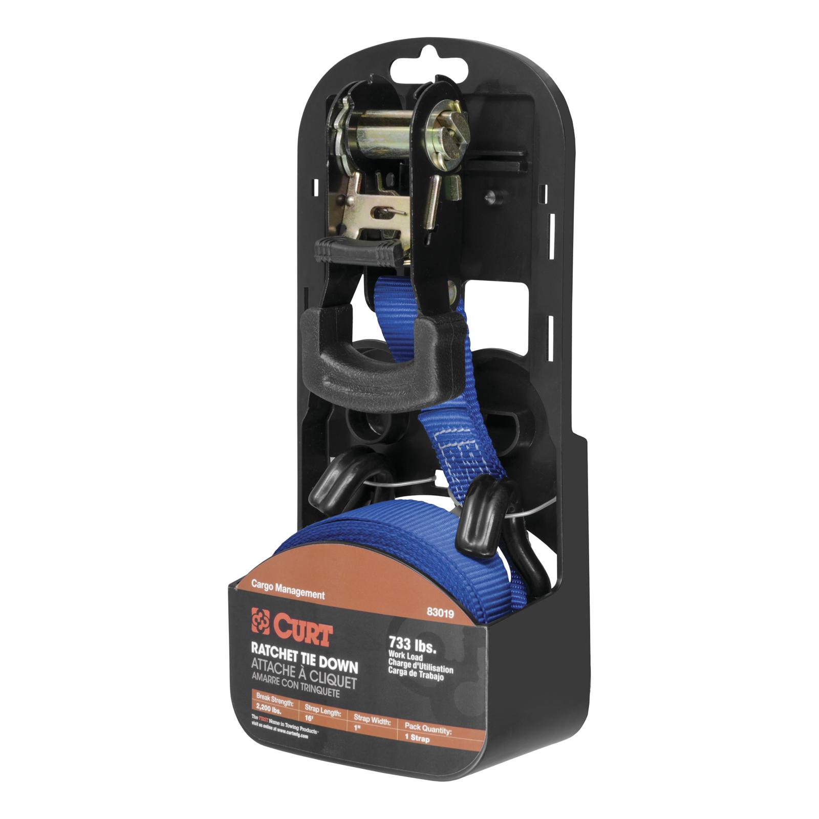 CURT Cargo Strap Sets 83019 Tie-Down Strap, Cargo, Ratchet, S-hook, 733 lbs. Working Load, 1 in. Width, 16 ft. Length, Blue, Each thumbnail 2