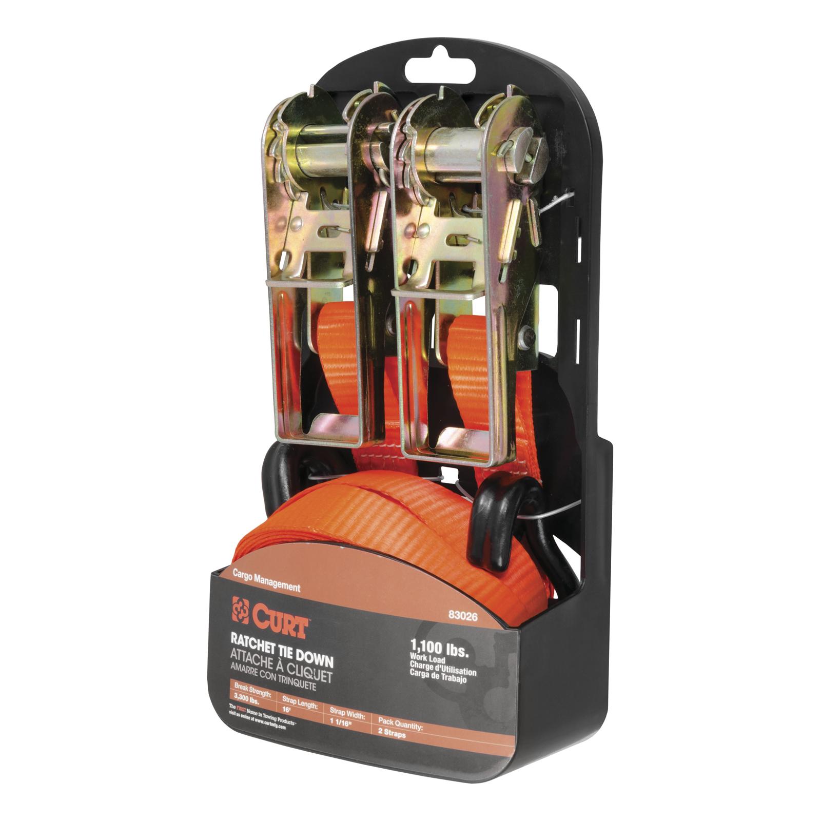 CURT Cargo Strap Sets 83026 Tie-Down Straps, Cargo, Ratchet, S-hook, 1,100 lbs. Working Load, 1 in. Width, 16 ft. Length, Red, Pair thumbnail 2