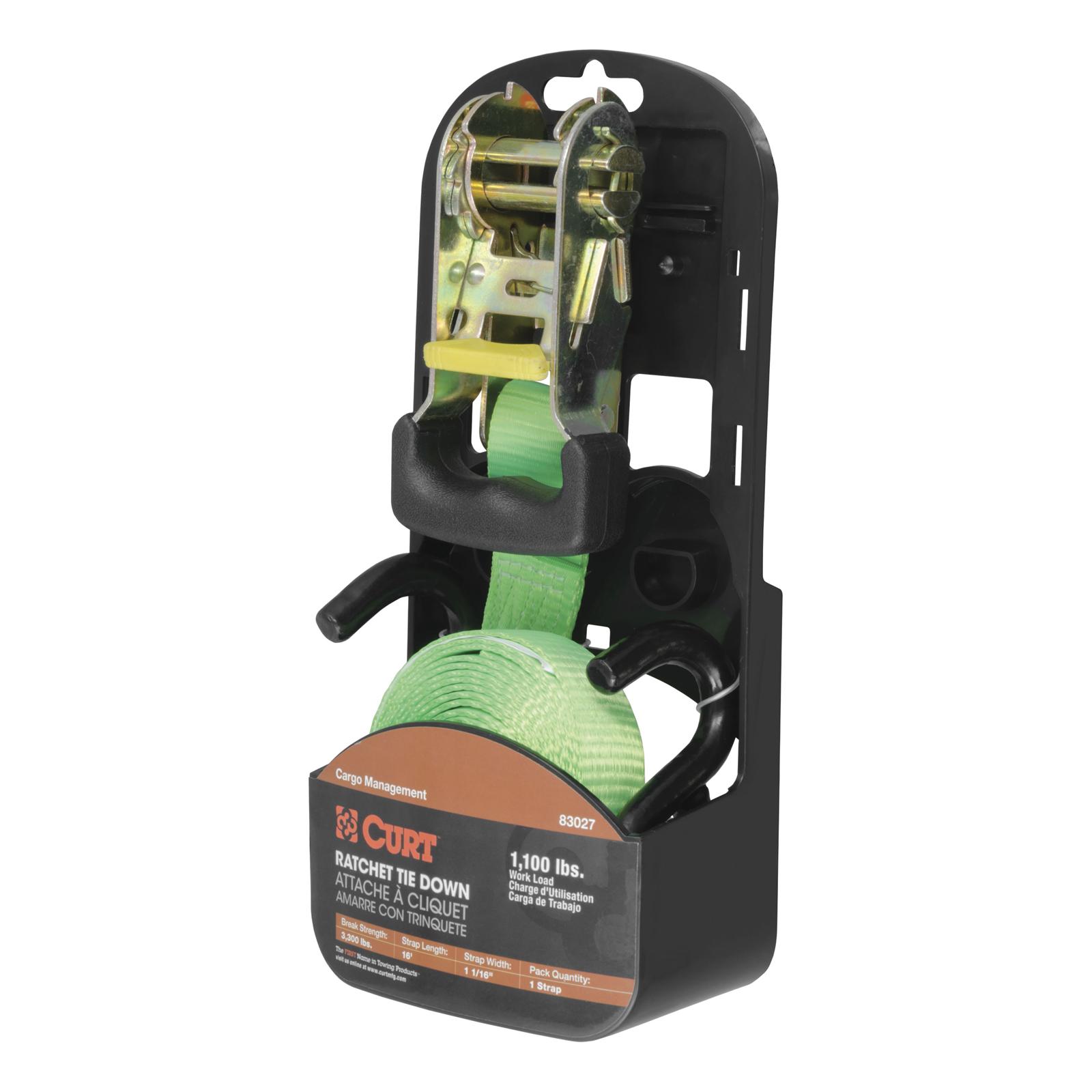 CURT Cargo Strap Sets 83027 Tie-Down Strap, Cargo, Ratchet, S-hook, 1,100 lbs. Working Load, 1 in. Width, 16 ft. Length, Lime Green, Each thumbnail 2