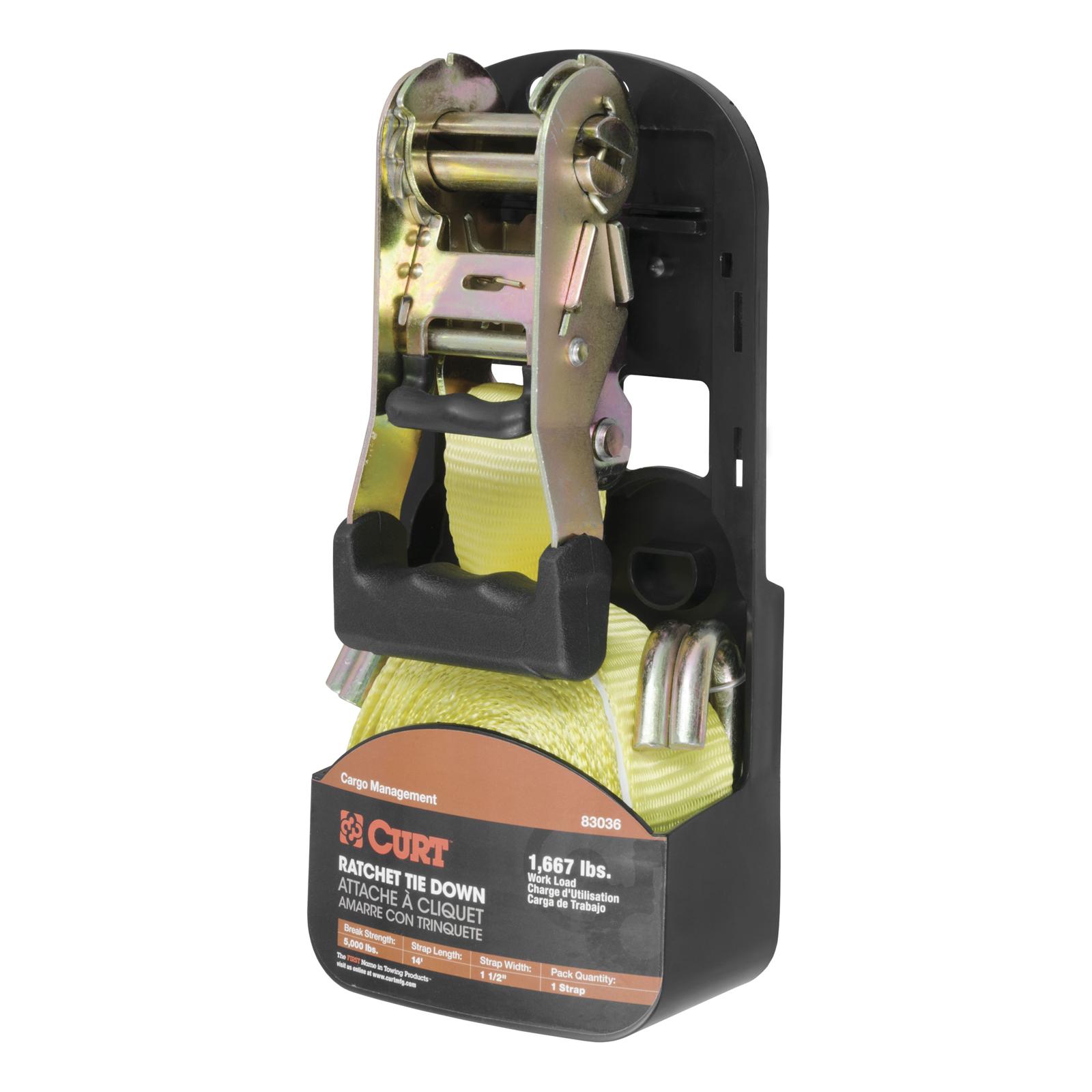 CURT Cargo Strap Sets 83036 Tie-Down Strap, Cargo, Ratchet, J-hook, 1,667 lbs. Working Load, 1.50 in. Width, 14 ft. Length, Yellow, Each thumbnail 2