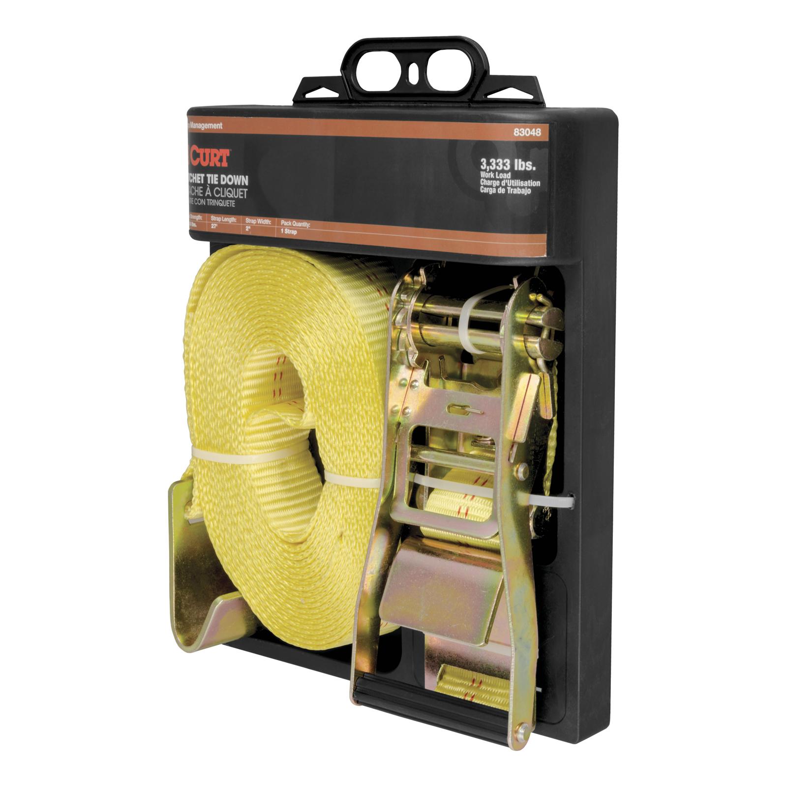 CURT Cargo Strap Sets 83048 Tie-Down Strap, Cargo, Ratchet, Flat Hook, 3,333 lbs. Working Load, 2 in. Width, 27 ft. Length, Yellow, Each thumbnail 2