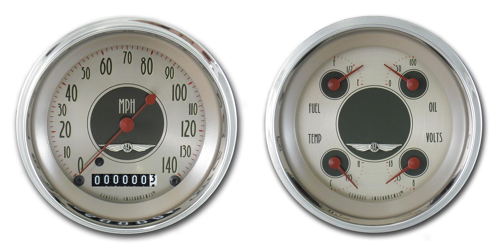 Classic Instruments All-American Nickel Series Gauge Sets AN02SHC Gauges, Analog, All-American, Speedometer, Fuel Level, Water Temperature, Oil Pressure, Voltmeter, Kit