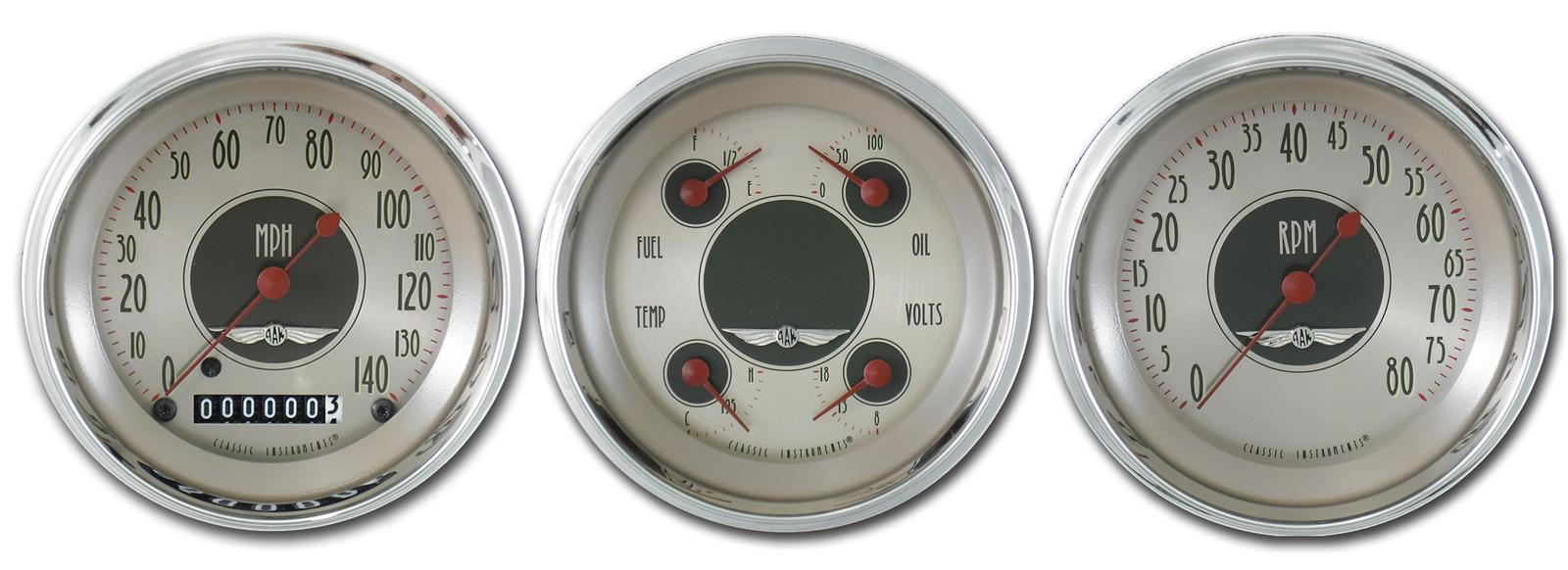 Classic Instruments All-American Nickel Series Gauge Sets AN03SHC Gauges, Nickel, Speedometer, Tach, Water Temperature, Fuel Level, Face, Analog, Set of 3