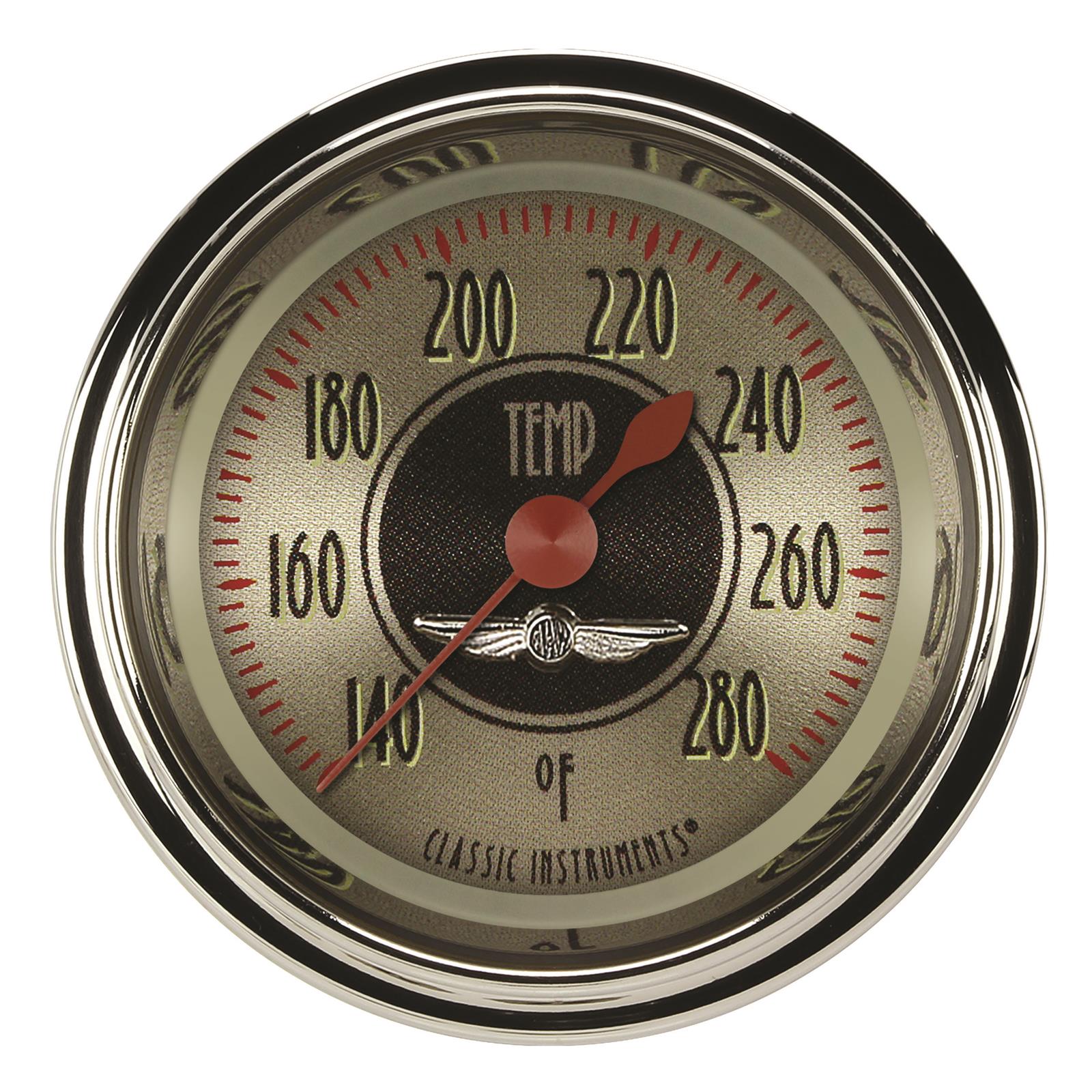 Classic Instruments All-American Nickel Series Gauges AN126SHC-02 Gauge, Analog, Series, Water Temp, 140-280 Degrees F, 2 1/8 in. Diameter, Gold Face, 90 Degree Sweep, Each