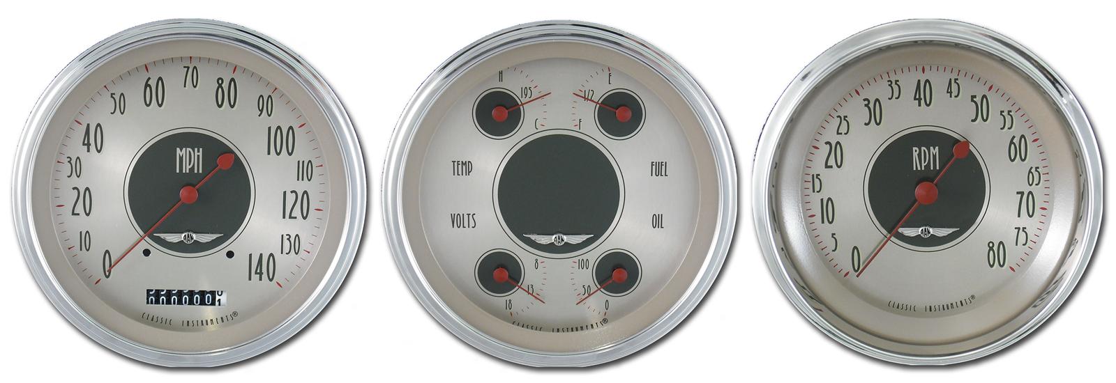 Classic Instruments All-American Nickel Series Gauge Sets AN53SLC Gauges, Nickel, Speedometer, Tach, Water Temperature, Fuel Level, Face, Analog, Set of 3